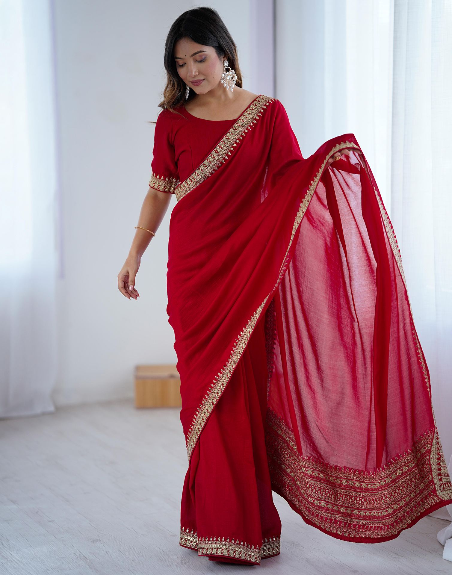 Red Silk Sequence Lace Saree