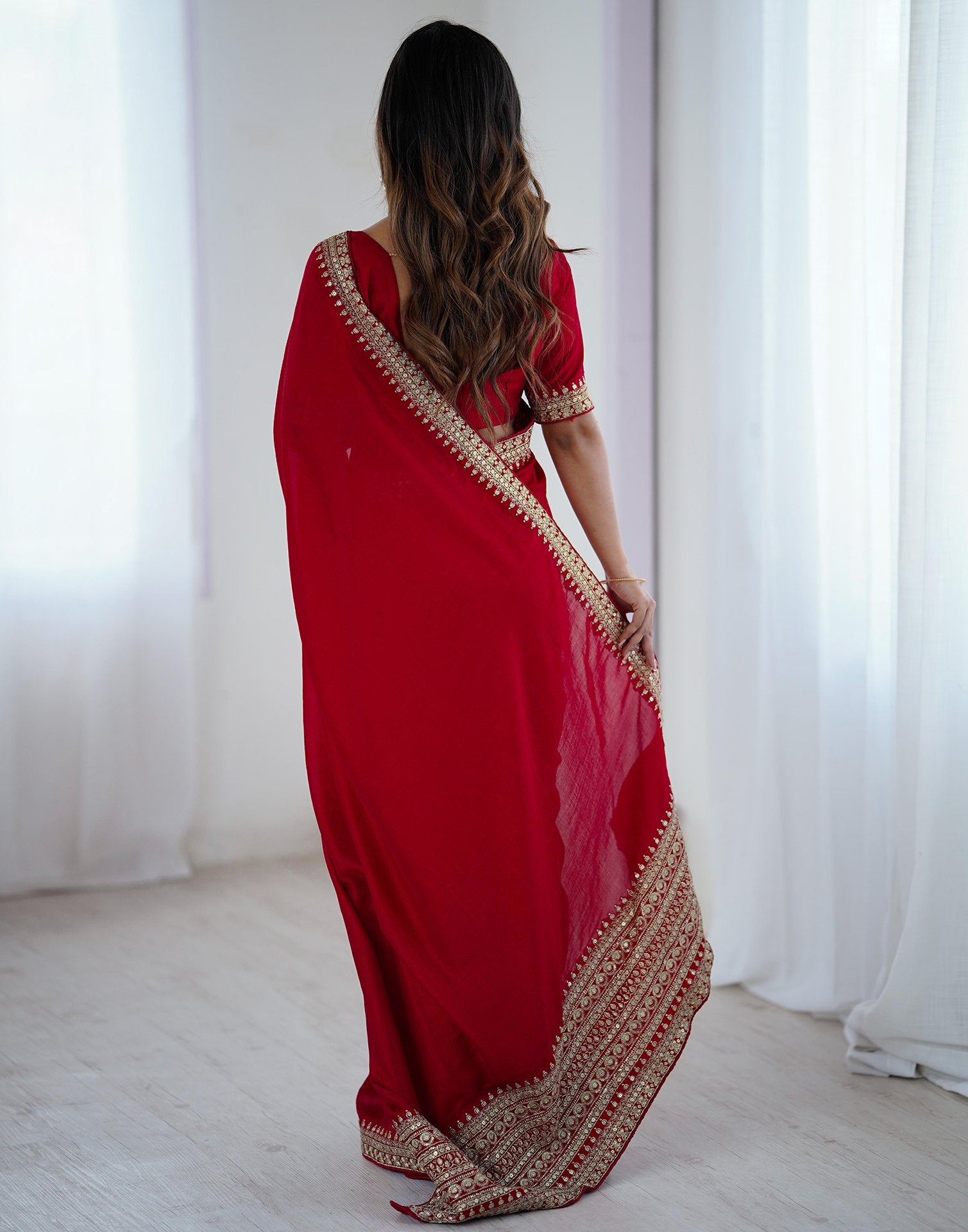 Red Silk Sequence Lace Saree