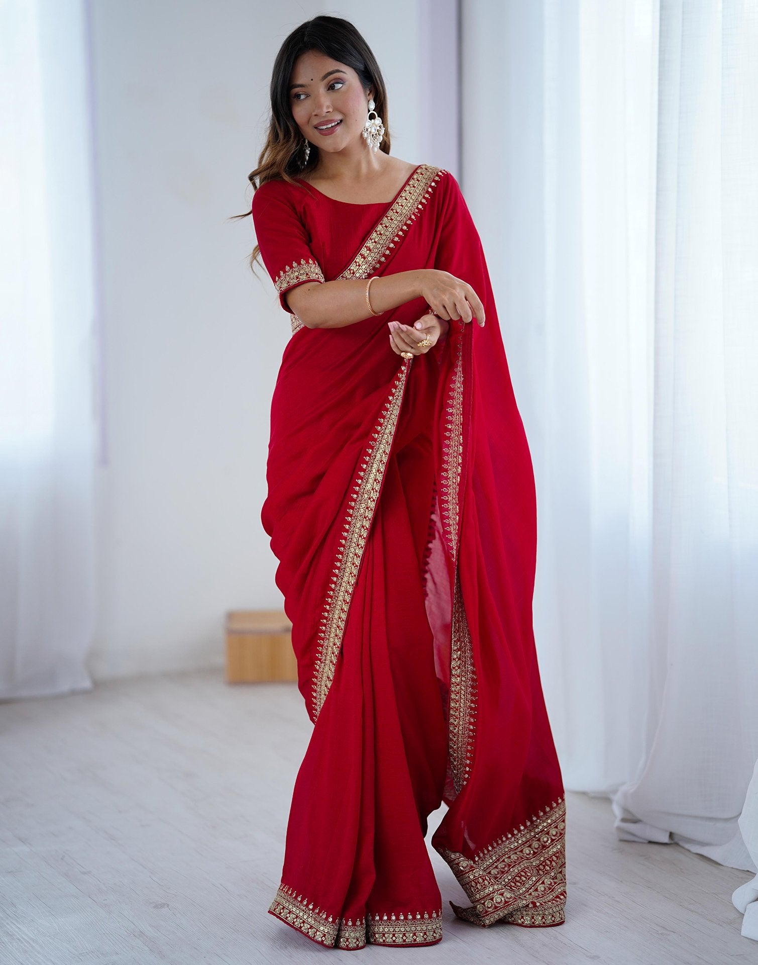 Red Silk Sequence Lace Saree