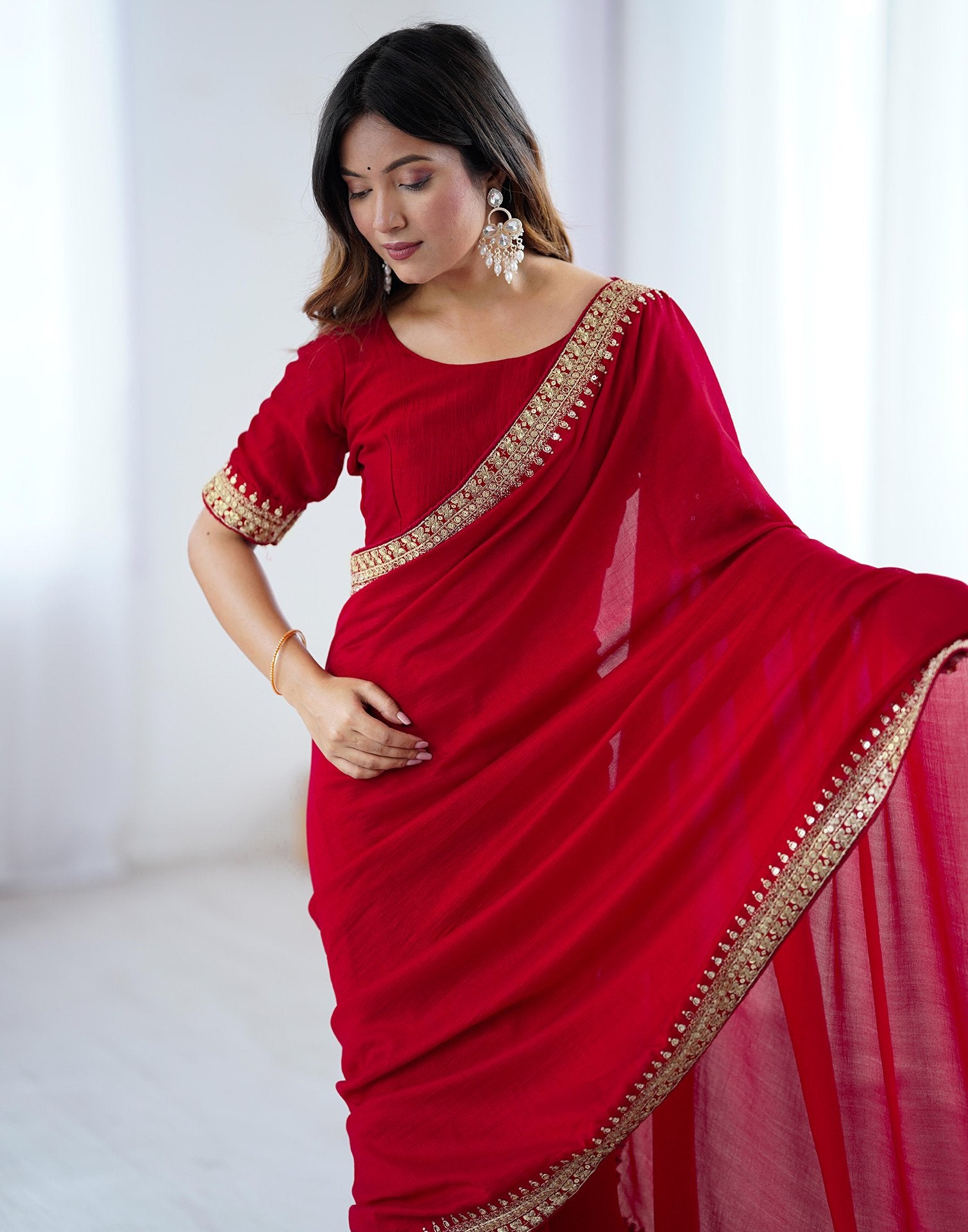 Red Silk Sequence Lace Saree