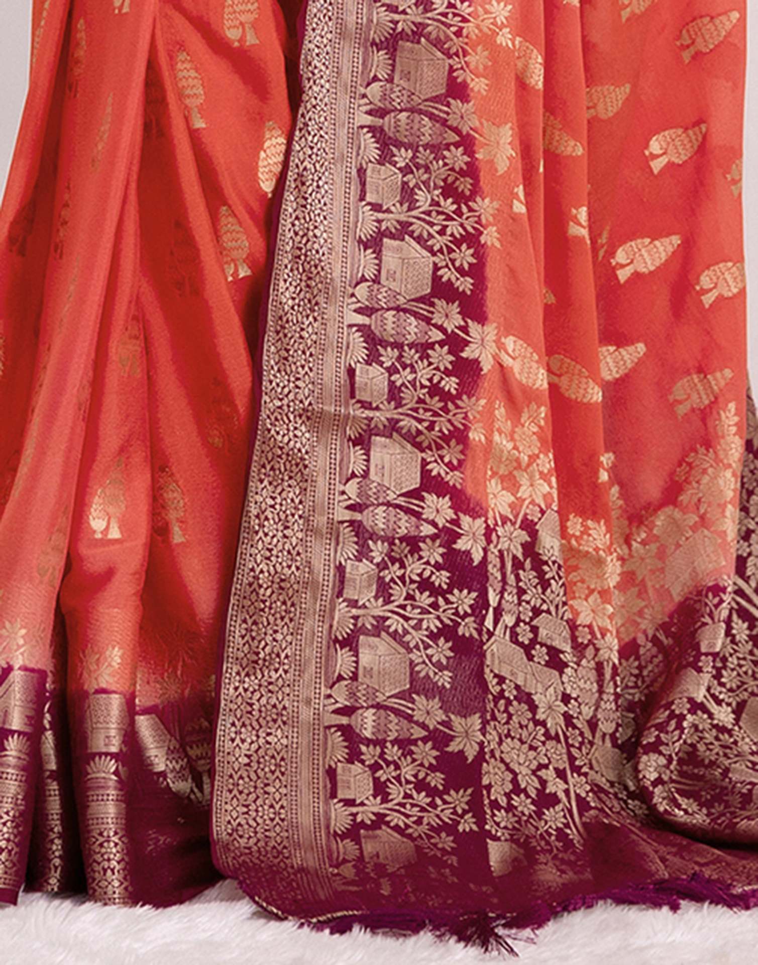Coral Pink Chiffon Woven Saree