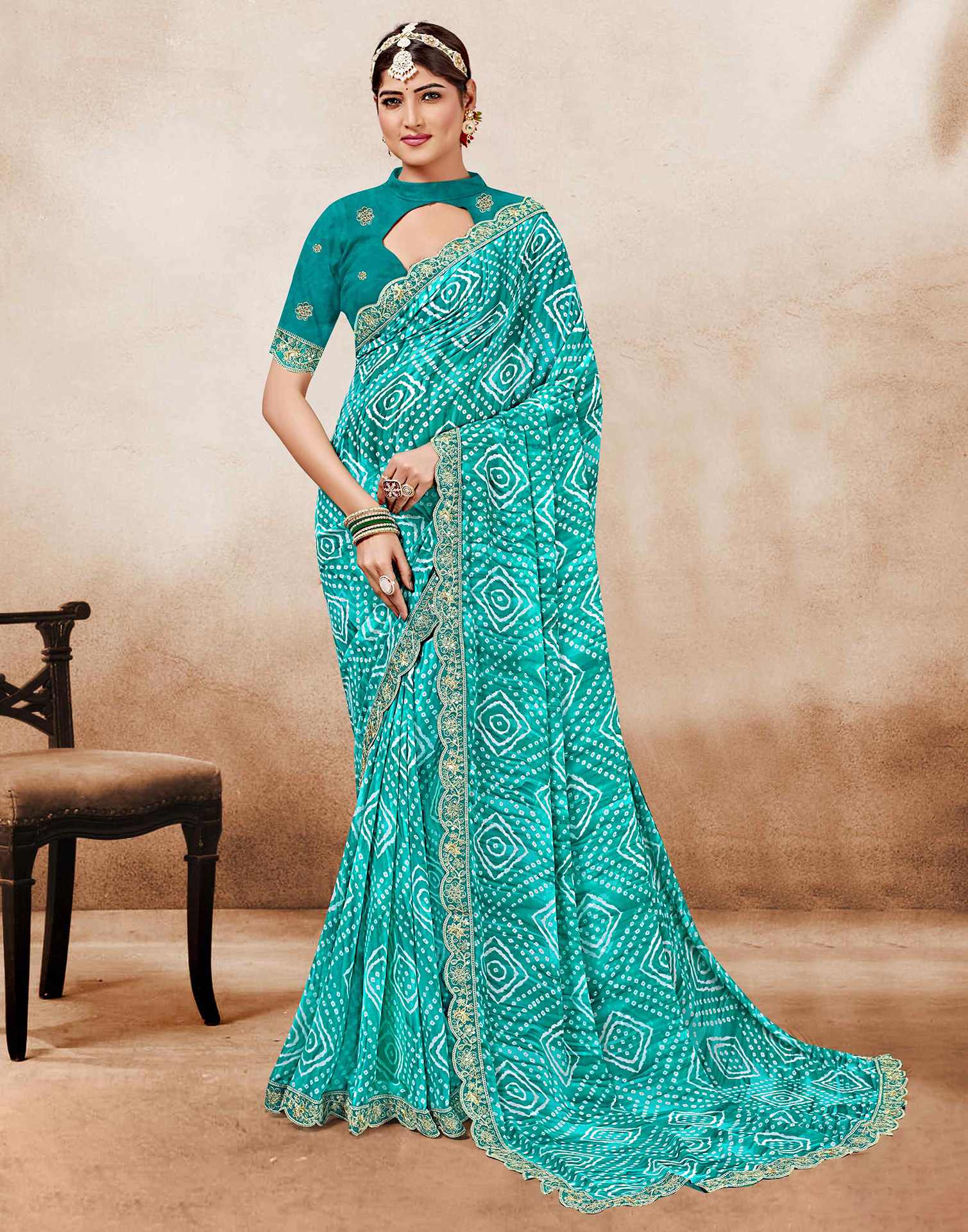 Teal Blue Weightless Georgette Printed Bandhani Saree