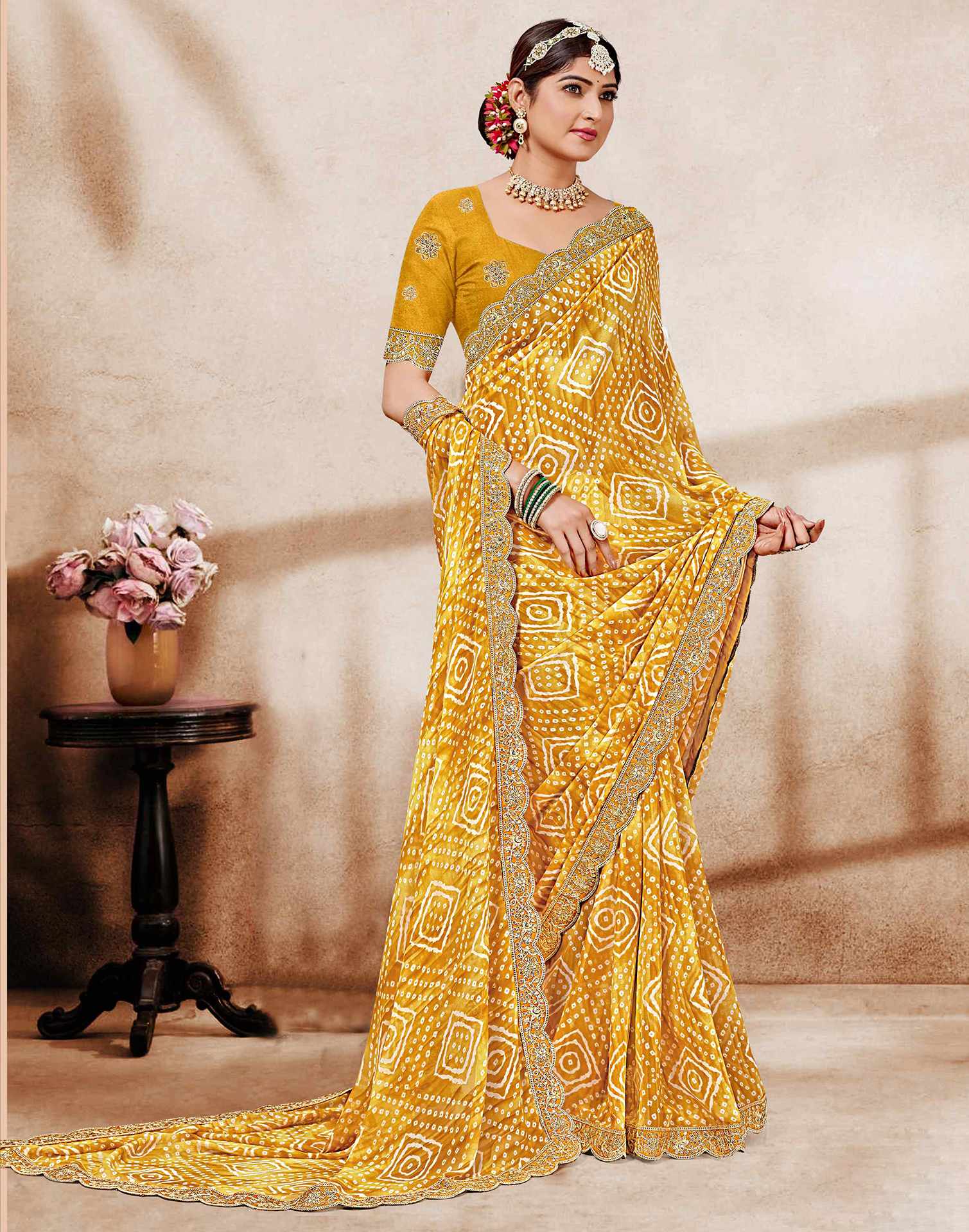 Mustard Yellow Weightless Georgette Printed Bandhani Saree