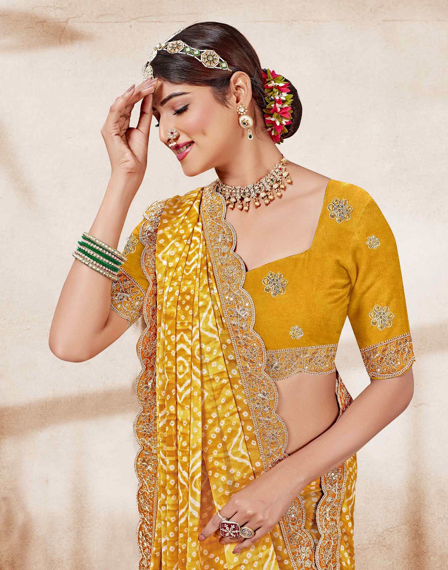 Mustard Yellow Weightless Georgette Printed Bandhani Saree