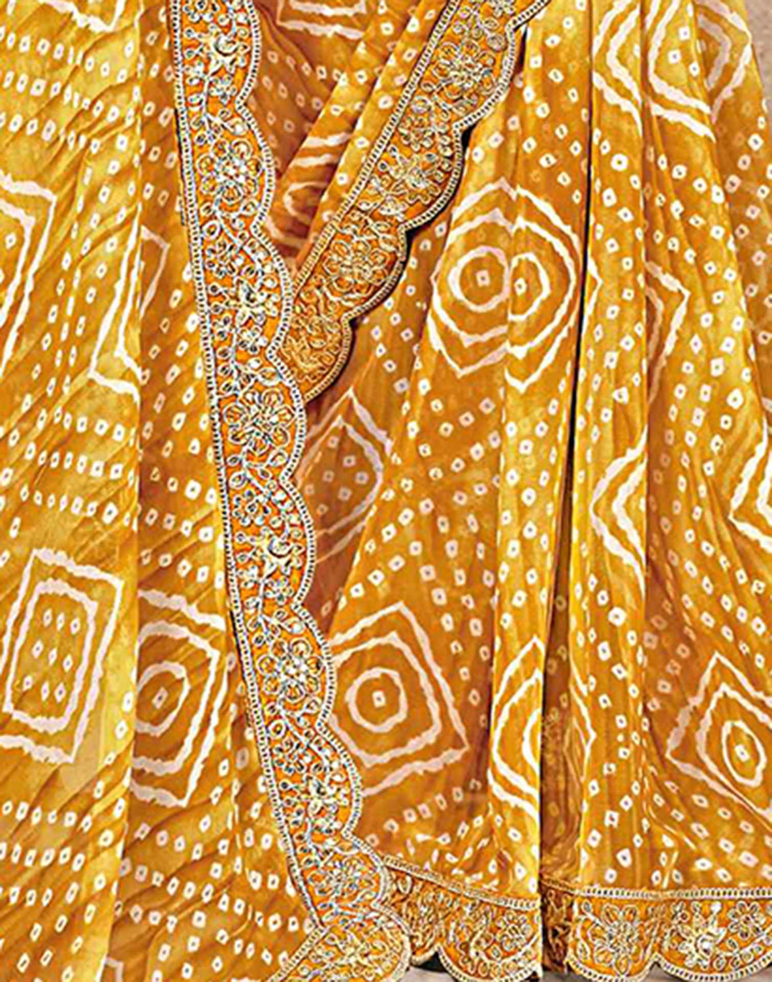 Mustard Yellow Weightless Georgette Printed Bandhani Saree