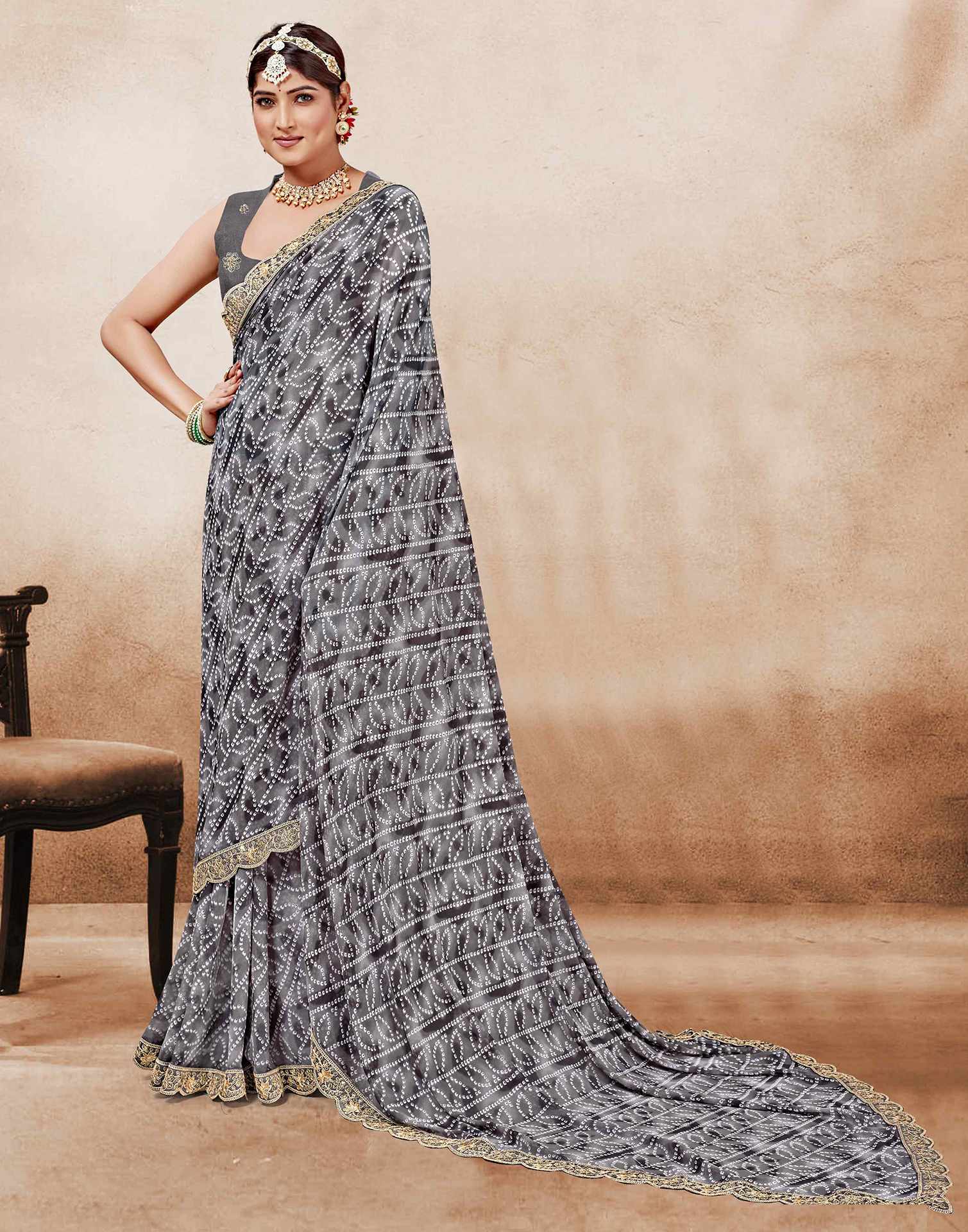 Grey Weightless Georgette Printed Bandhani Saree