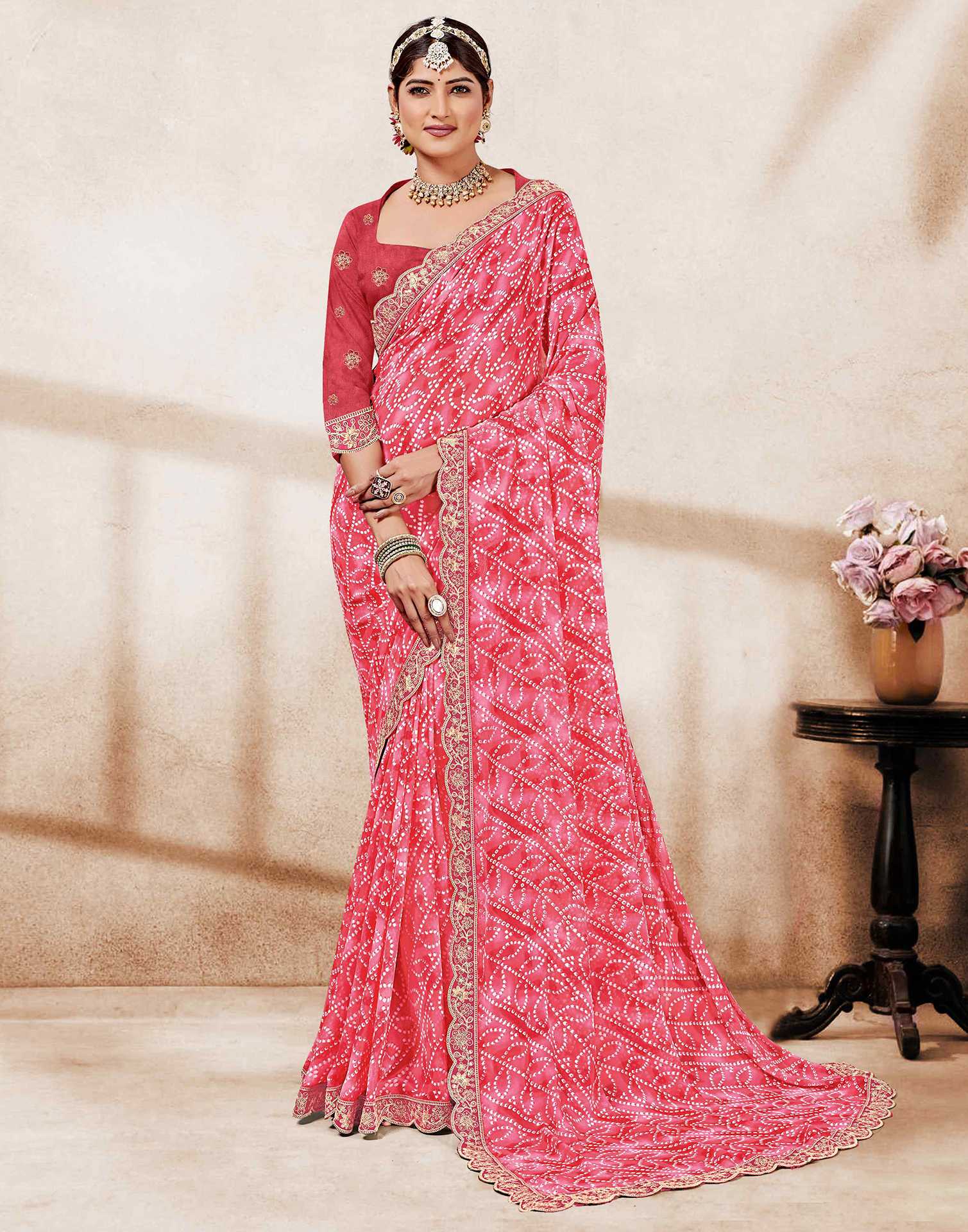 Coral Red Weightless Georgette Printed Bandhani Saree