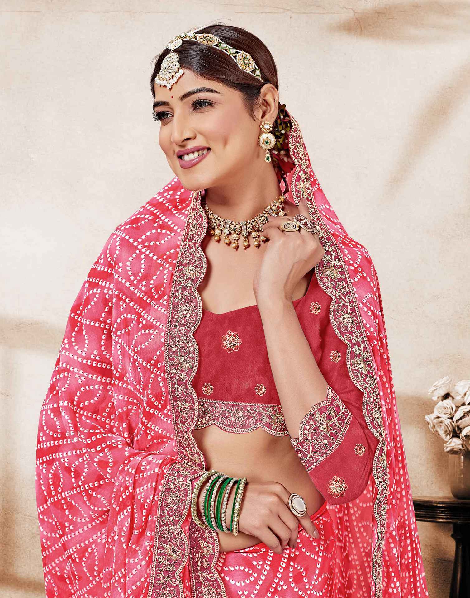 Coral Red Weightless Georgette Printed Bandhani Saree