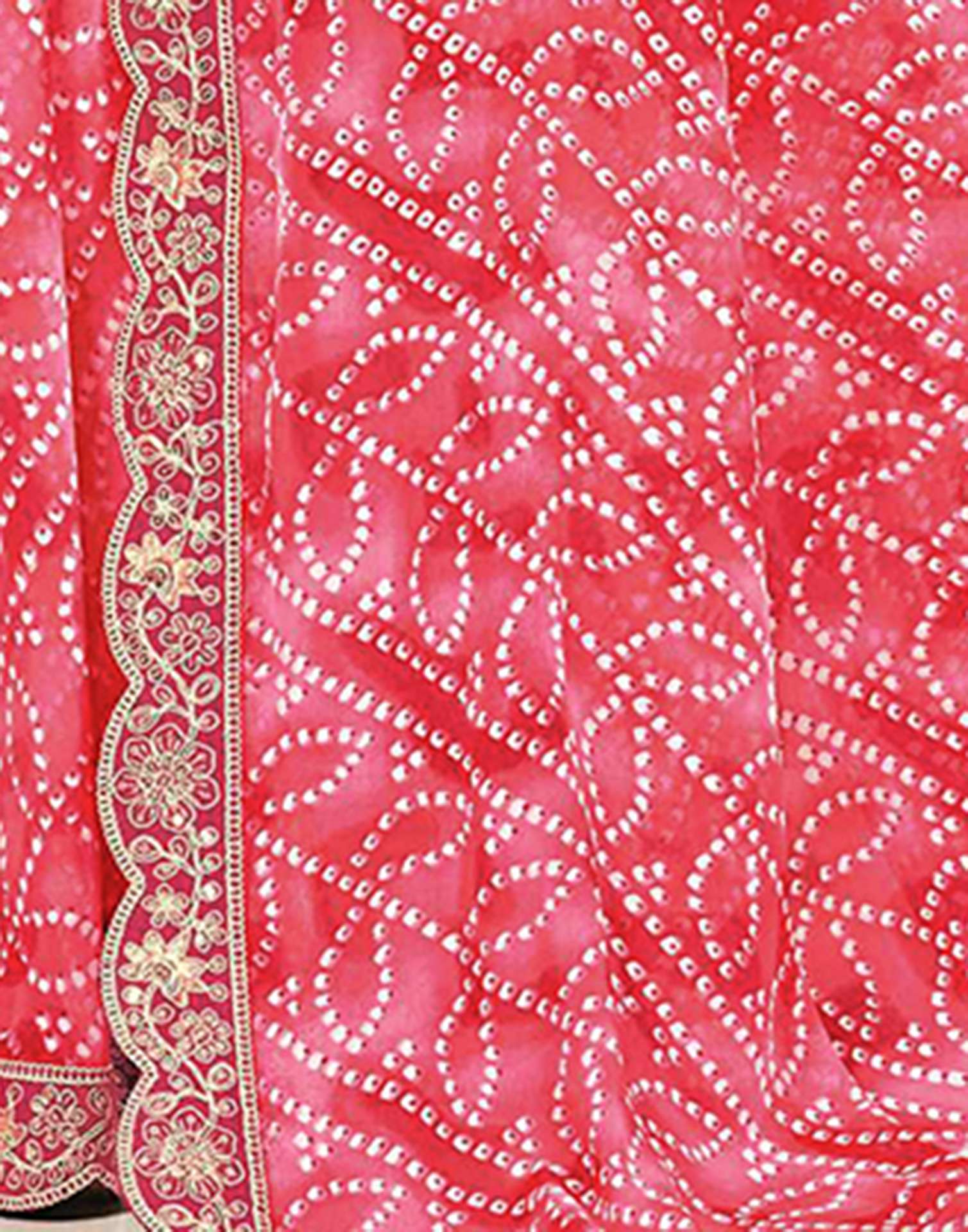 Coral Red Weightless Georgette Printed Bandhani Saree