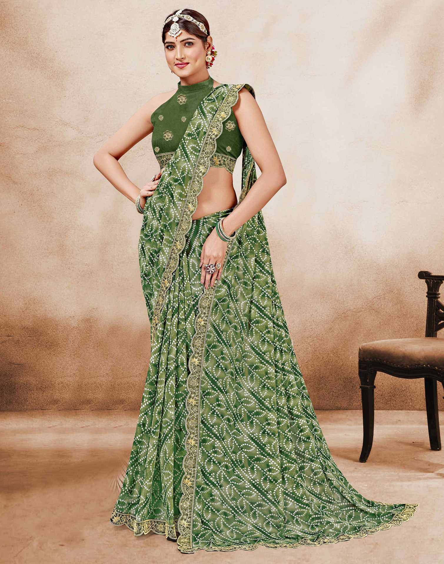Green Weightless Georgette Printed Bandhani Saree