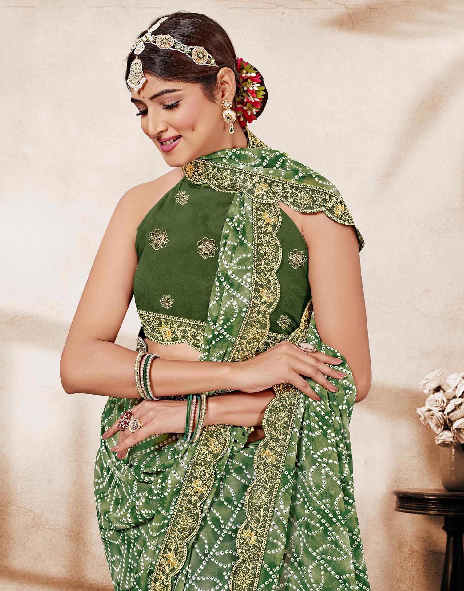 Green Weightless Georgette Printed Bandhani Saree