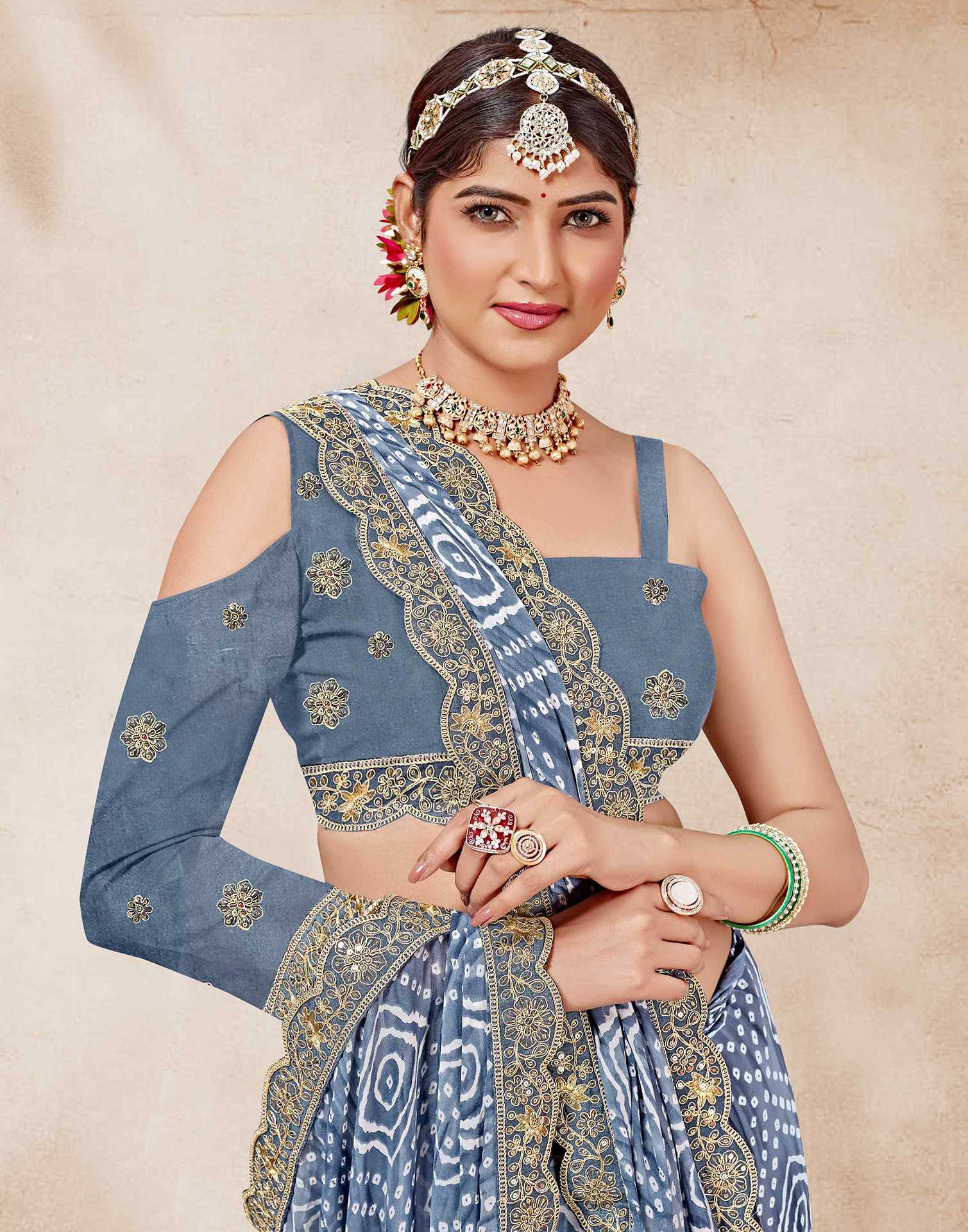 Metalic Blue Weightless Georgette Printed Bandhani Saree