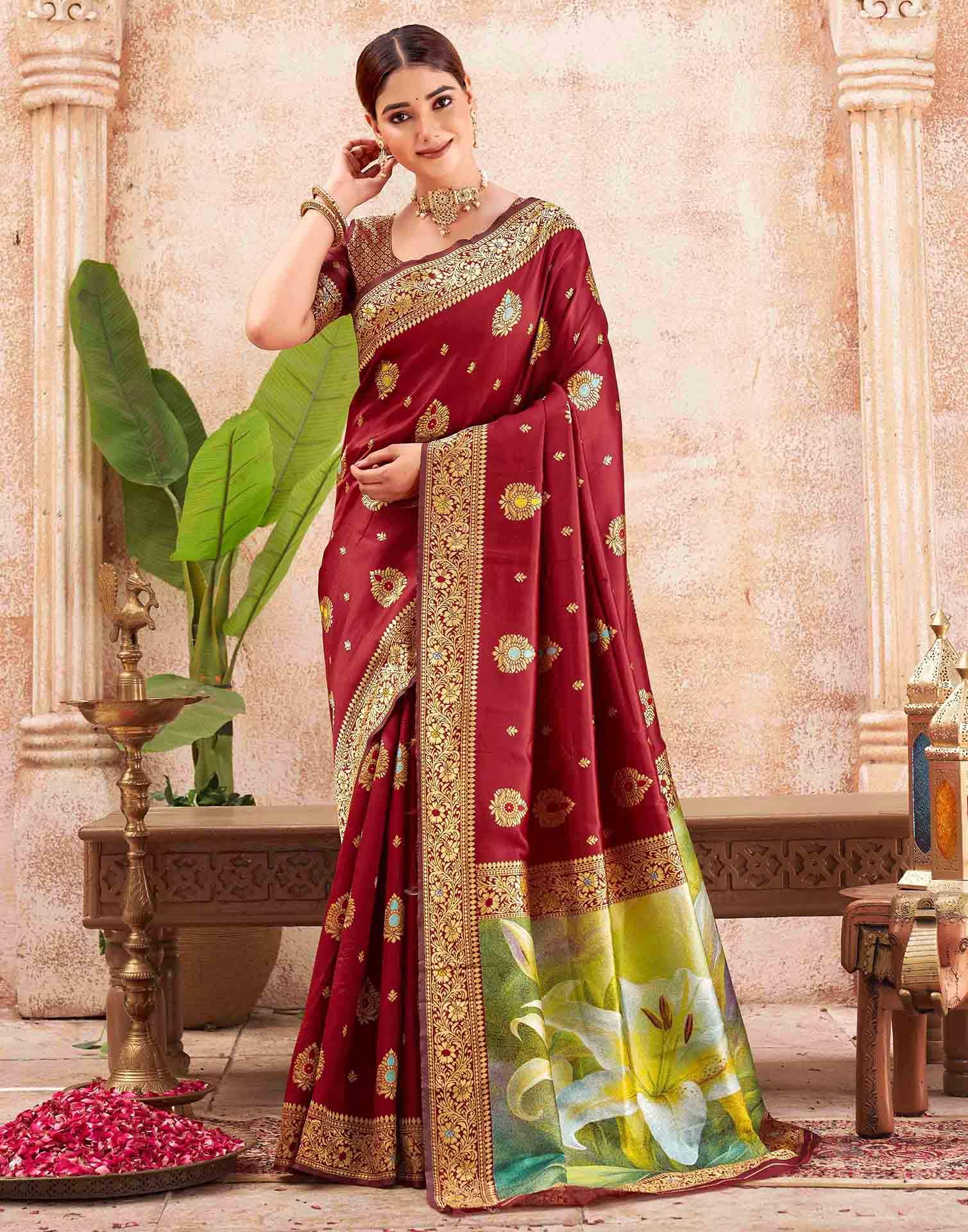 Maroon Silk Woven Banarasi Saree