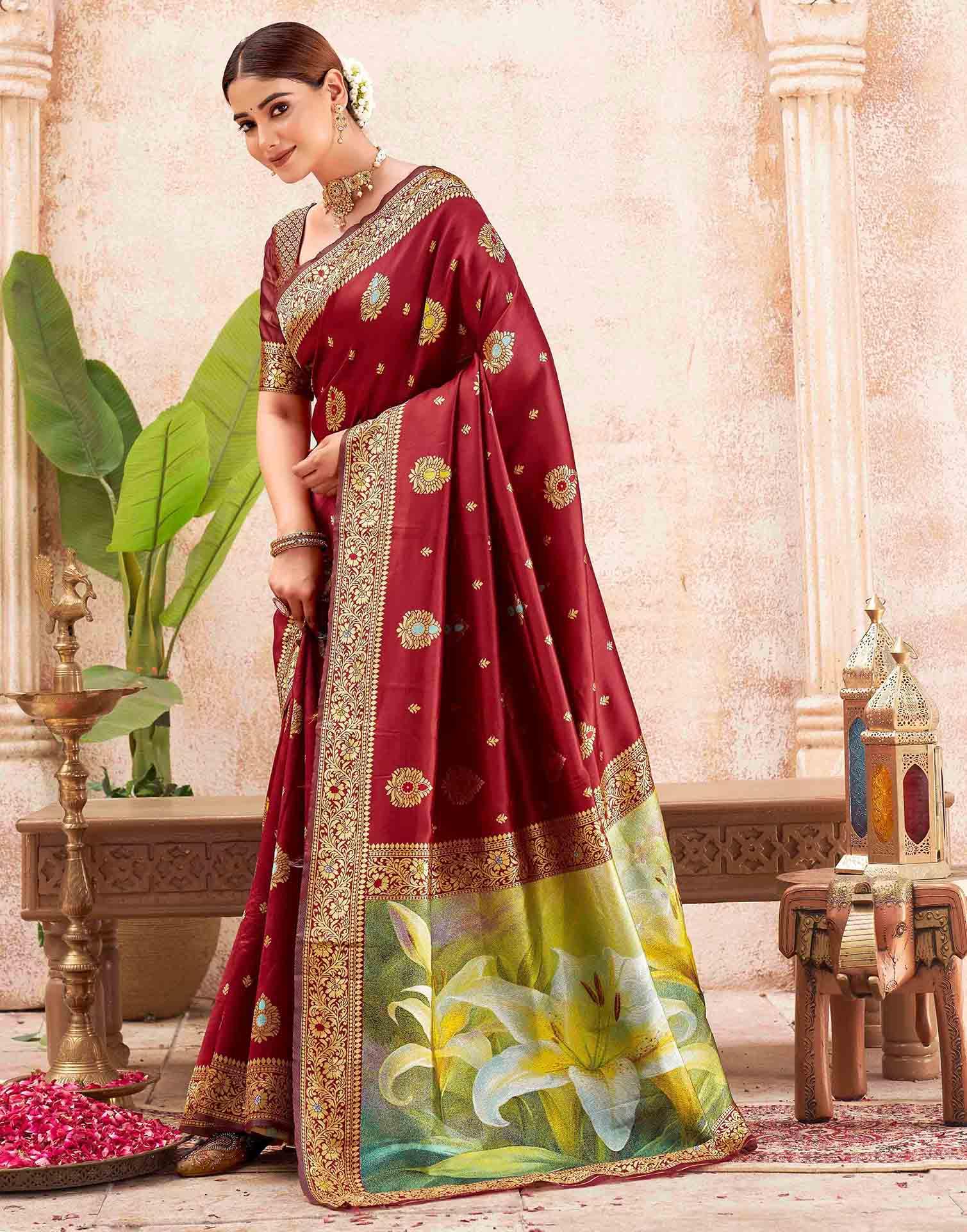 Maroon Silk Woven Banarasi Saree