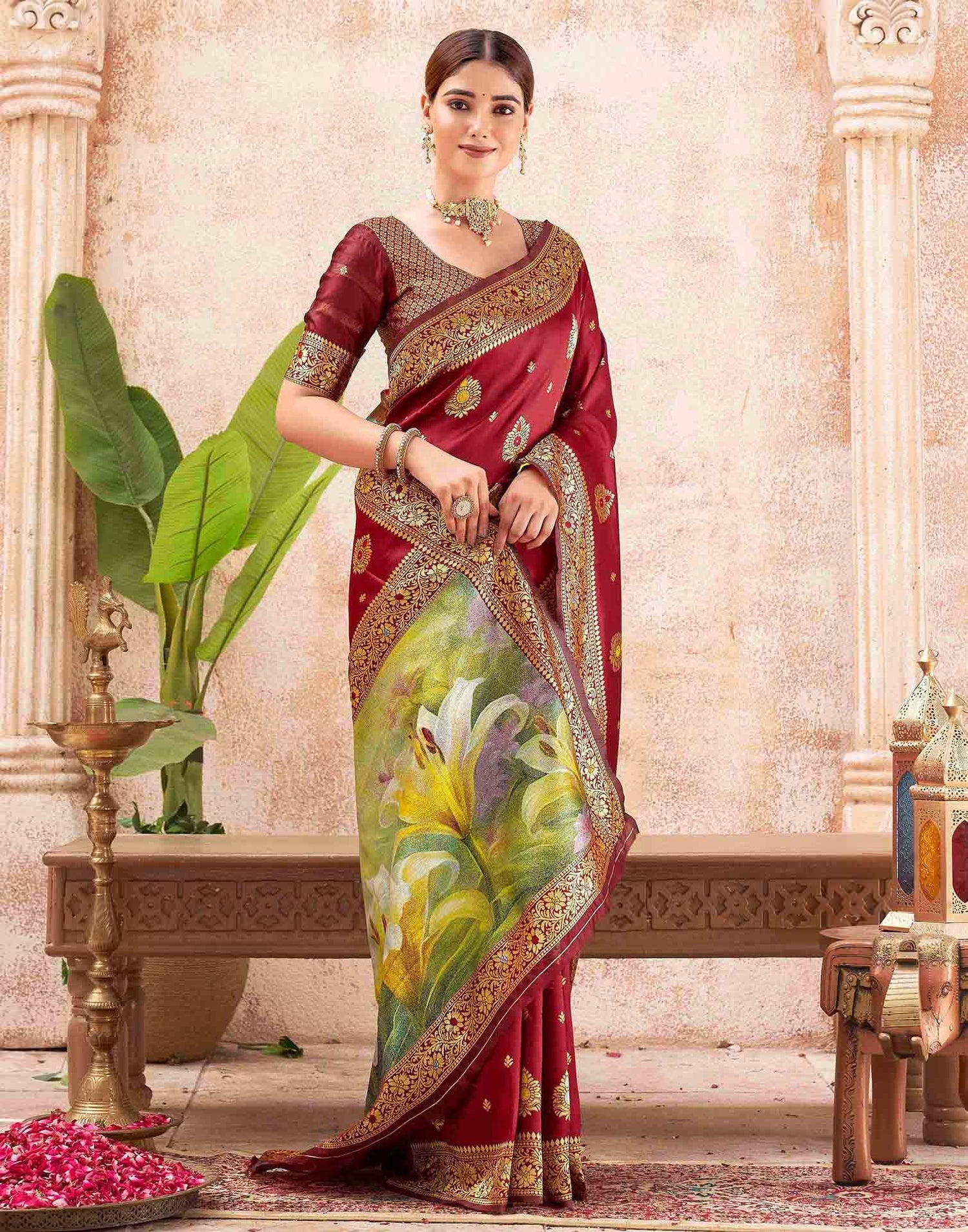 Maroon Silk Woven Banarasi Saree
