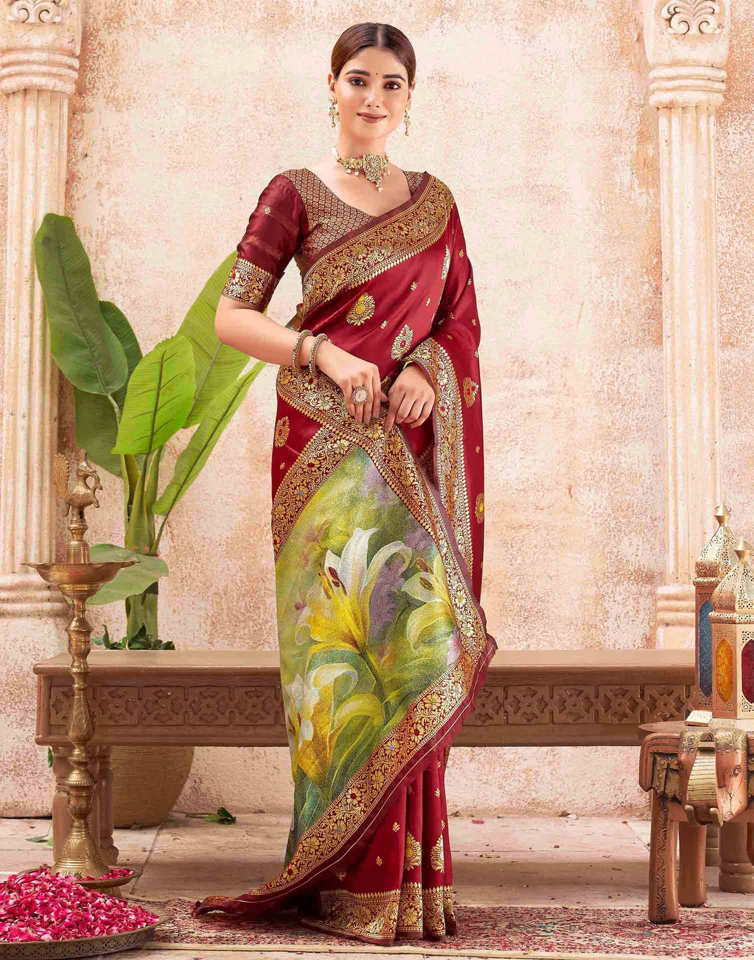 Maroon Silk Woven Banarasi Saree