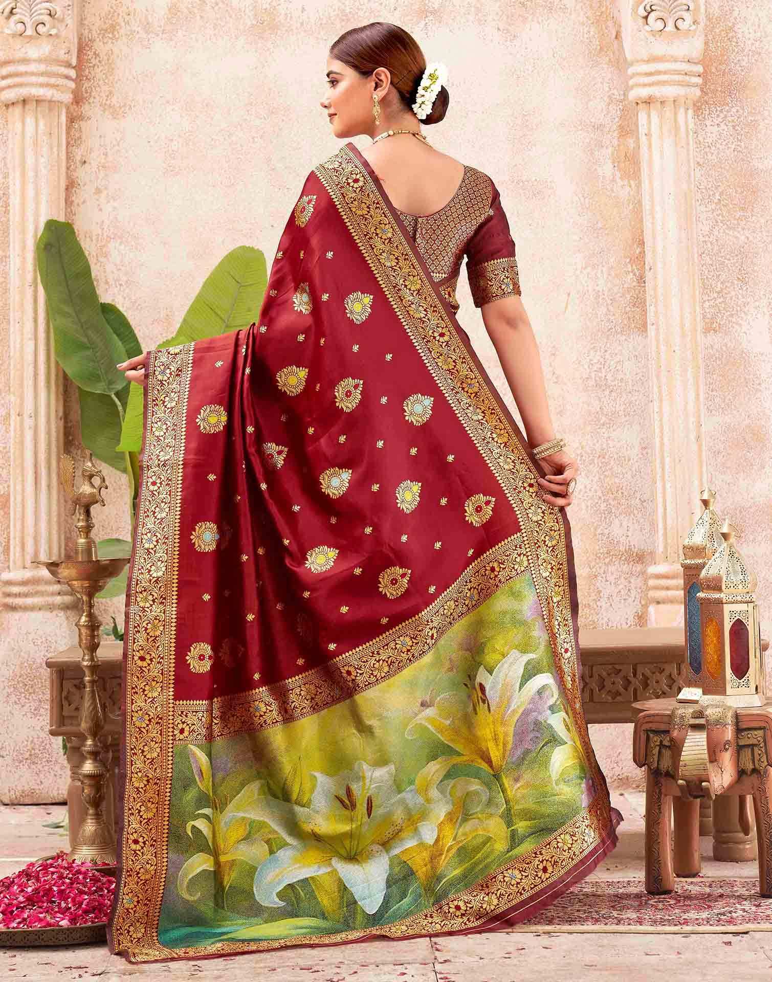 Maroon Silk Woven Banarasi Saree