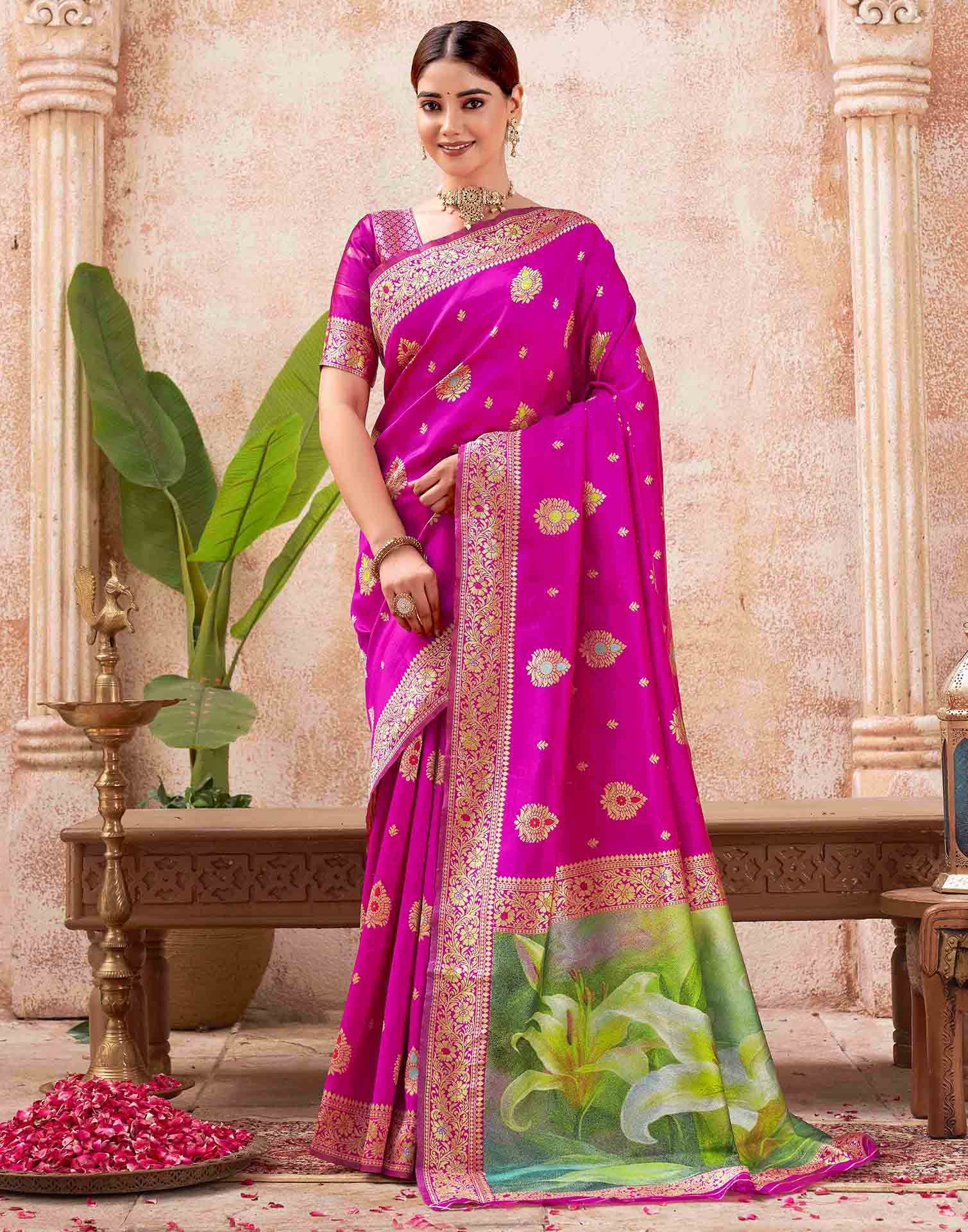 Rani Pink Silk Woven Banarasi Saree
