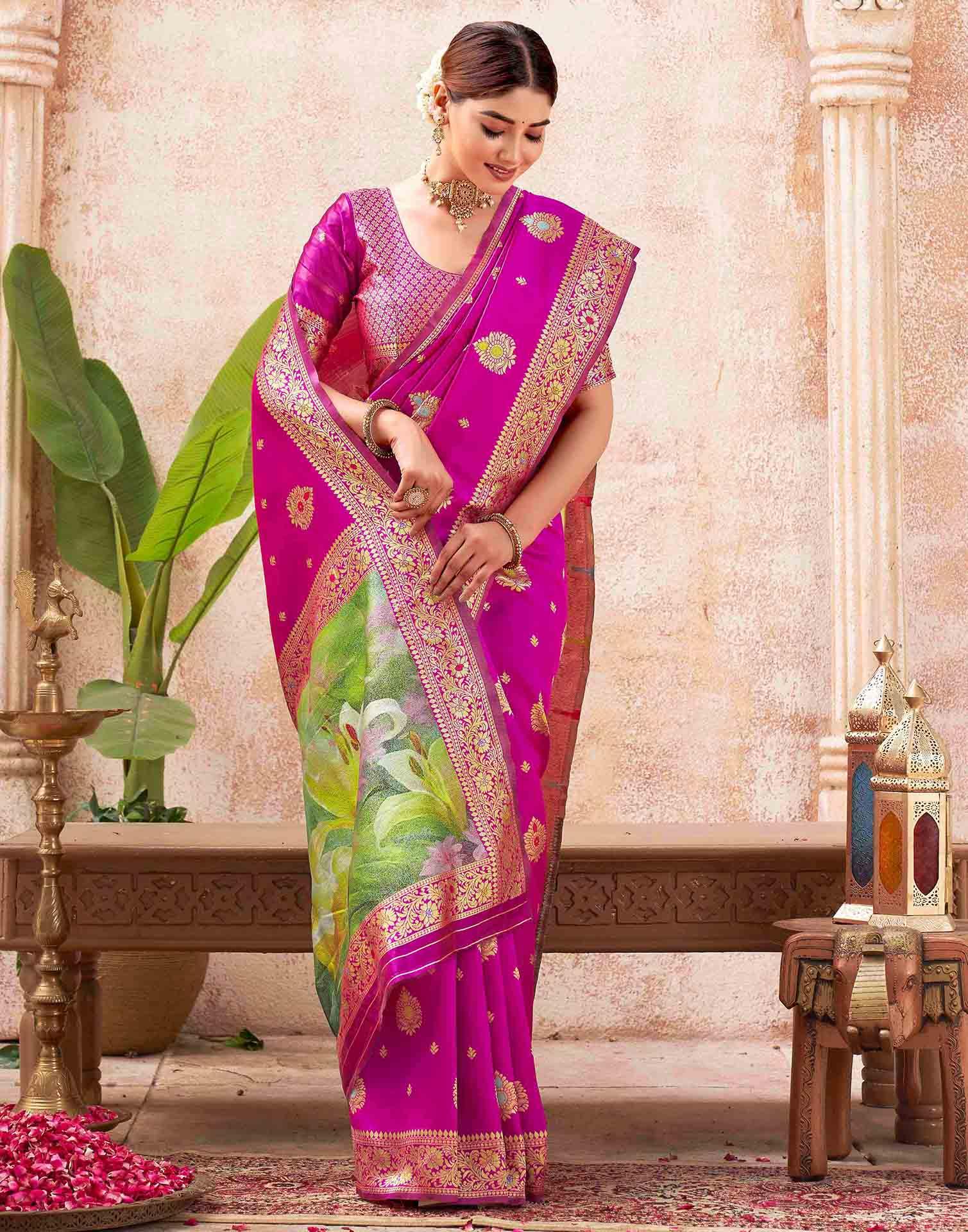Rani Pink Silk Woven Banarasi Saree