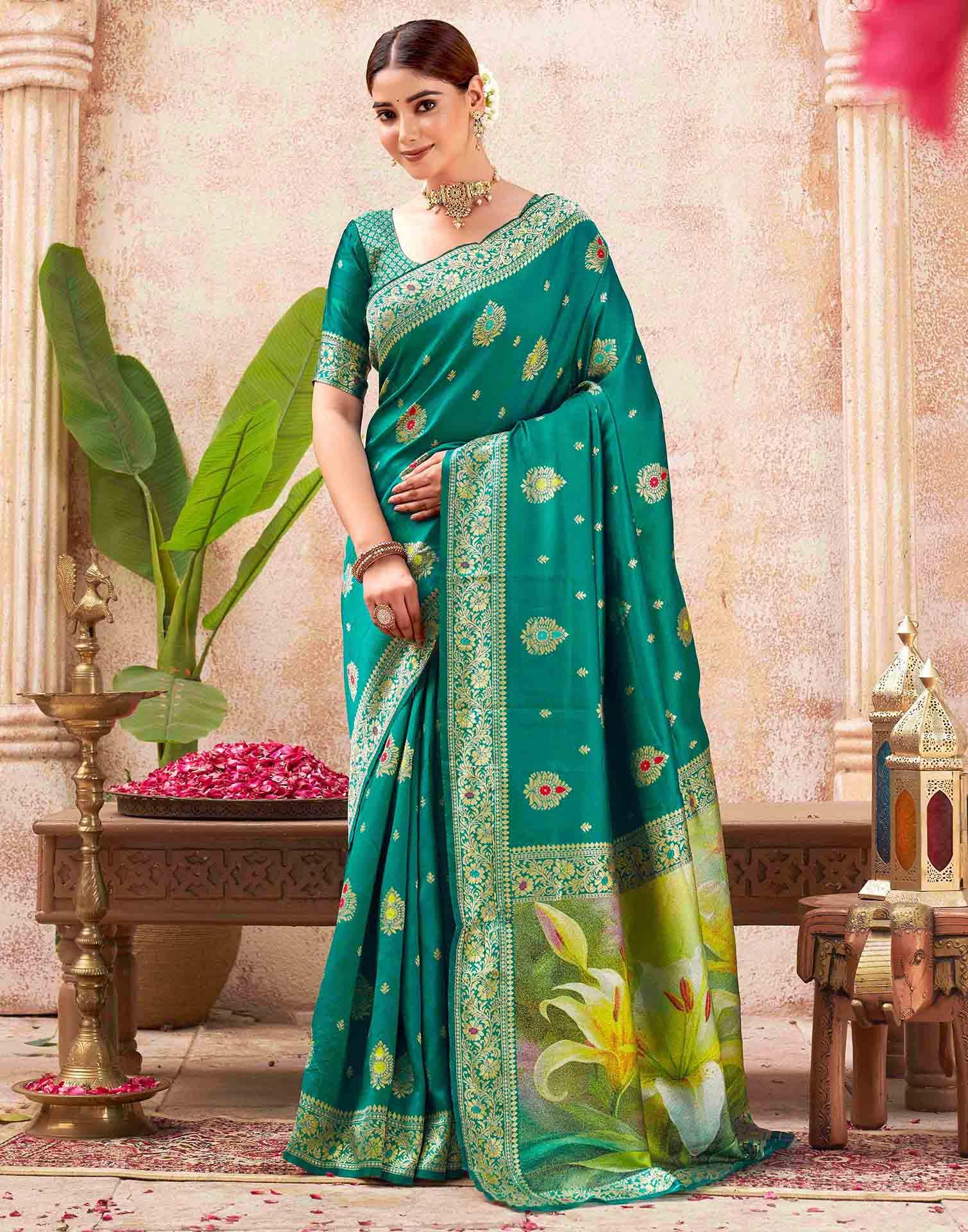 Teal Green Silk Woven Banarasi Saree