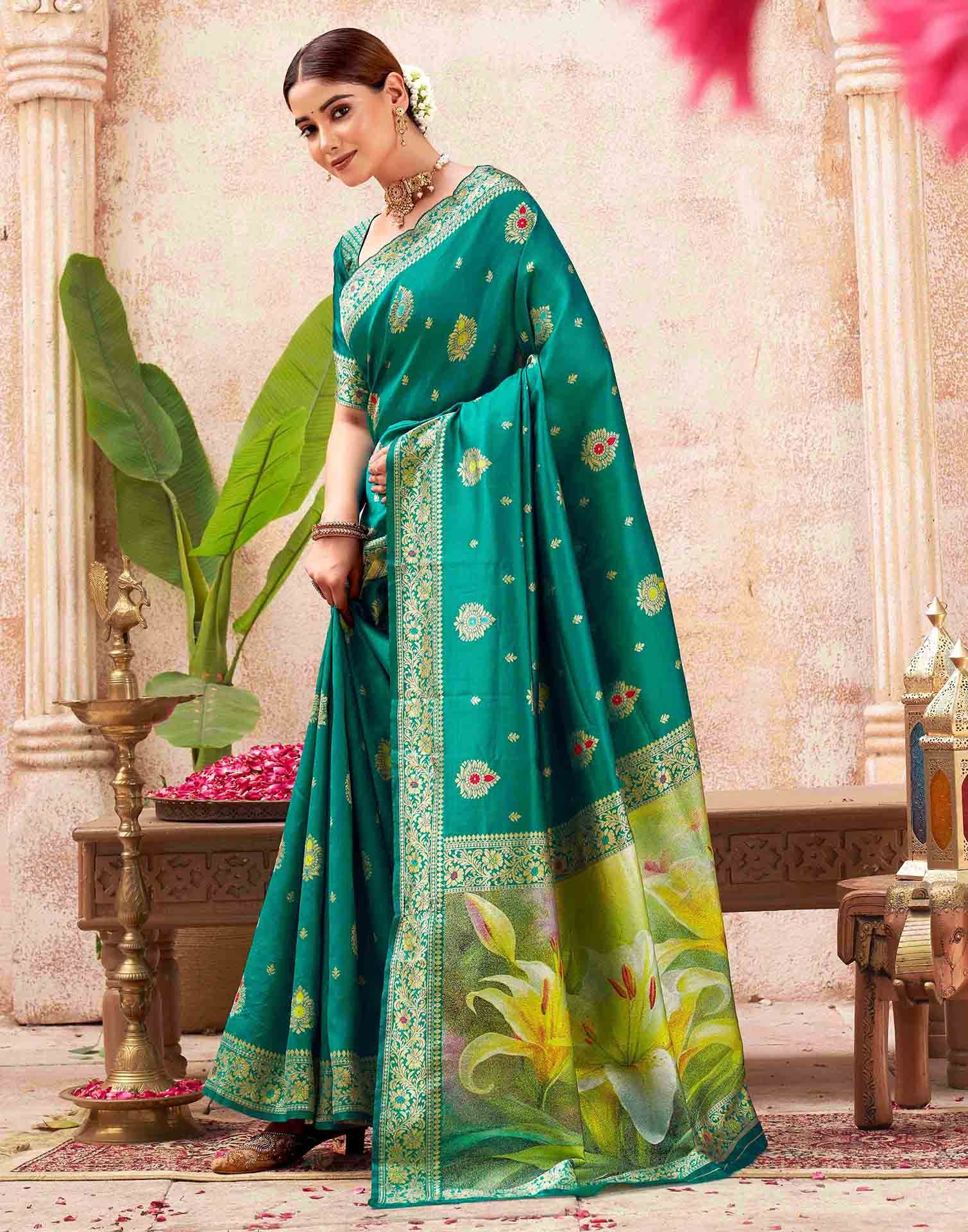 Teal Green Silk Woven Banarasi Saree