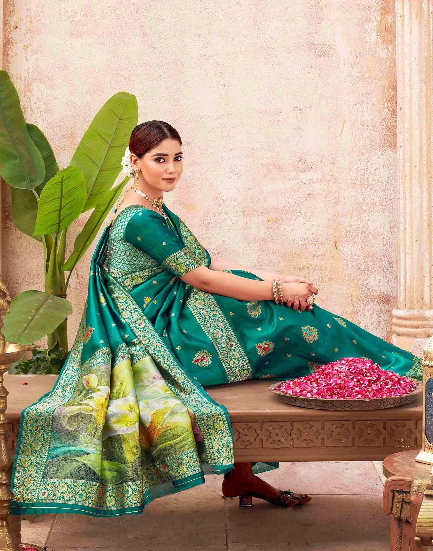 Teal Green Silk Woven Banarasi Saree