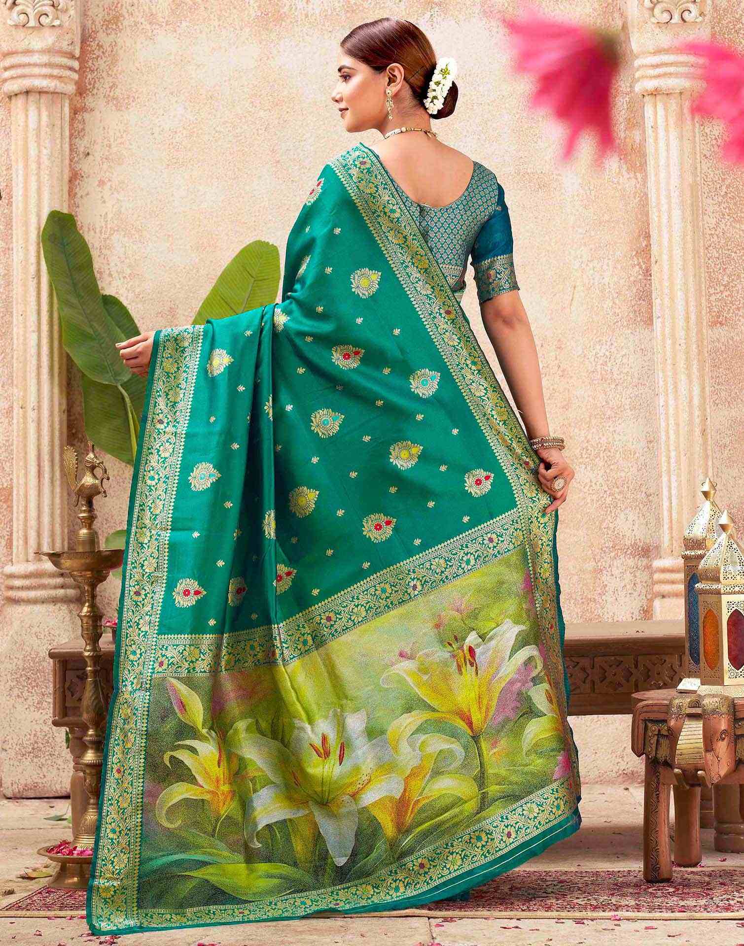 Teal Green Silk Woven Banarasi Saree