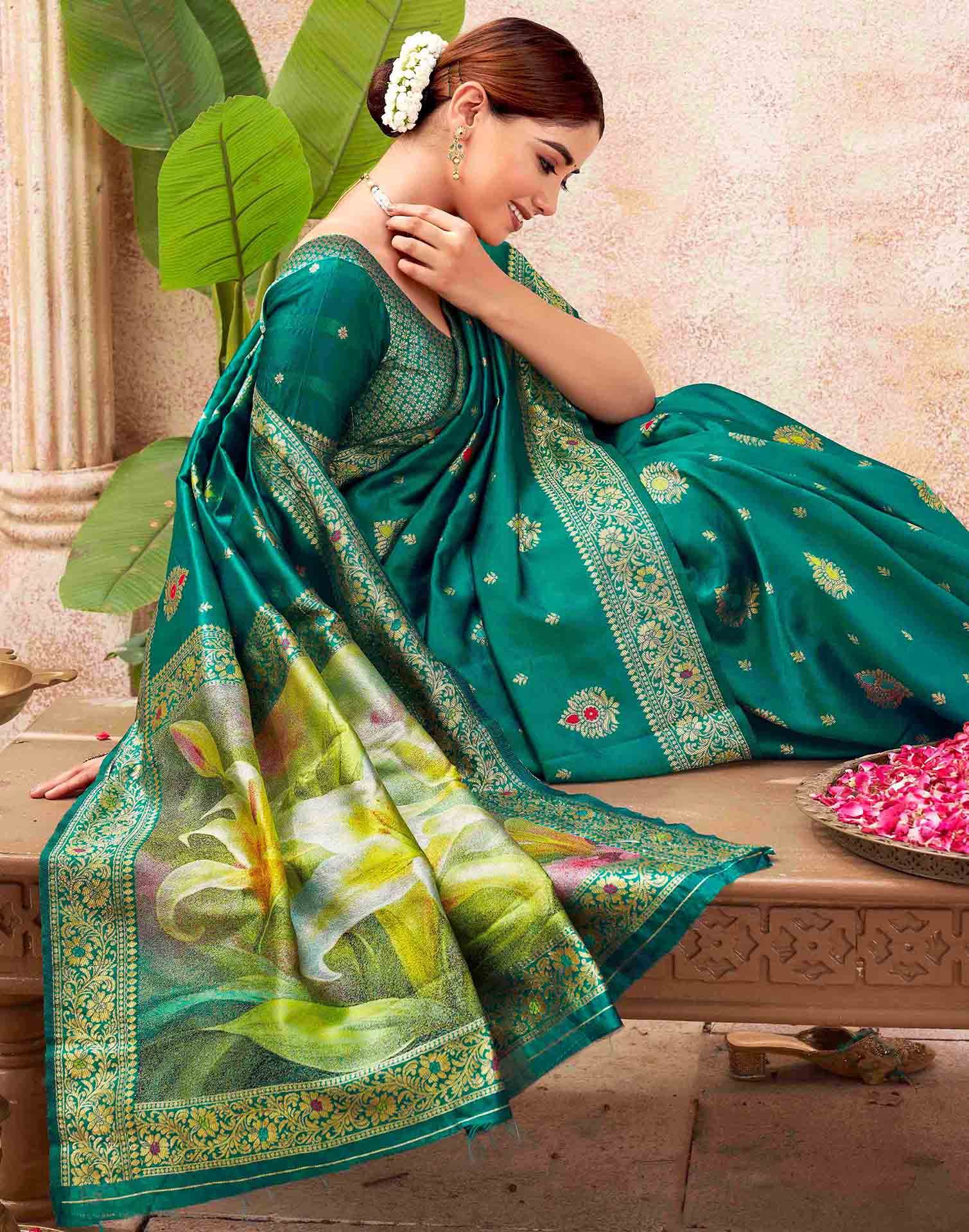 Teal Green Silk Woven Banarasi Saree