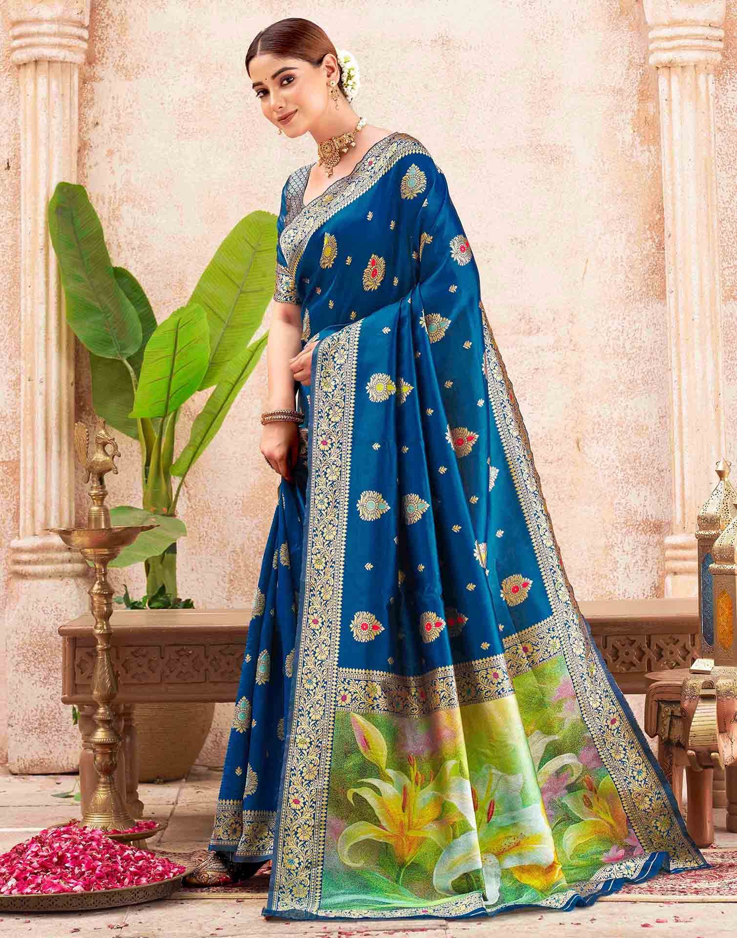 Peacock Blue Silk Woven Banarasi Saree