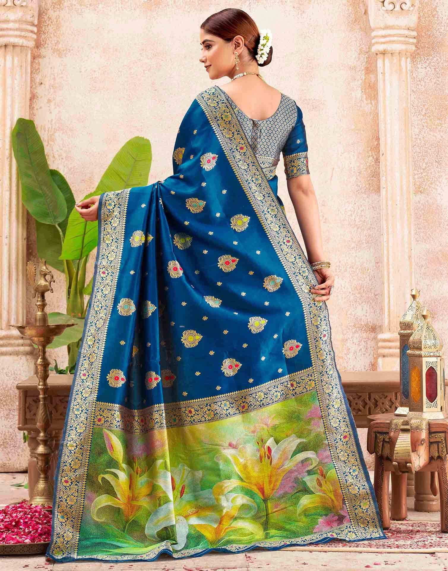 Peacock Blue Silk Woven Banarasi Saree