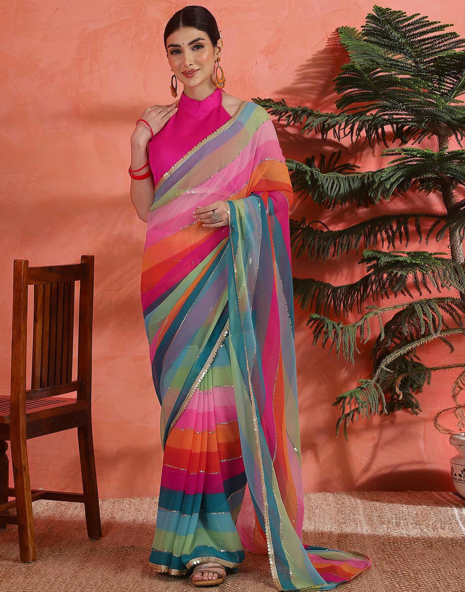 Multicoloured Georgette Printed Sequence Saree