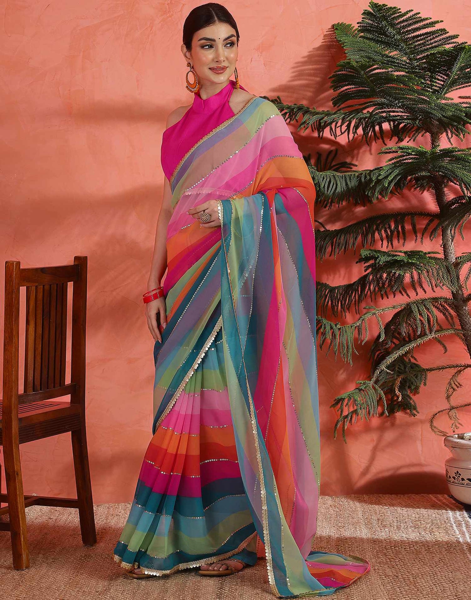 Multicoloured Georgette Printed Sequence Saree