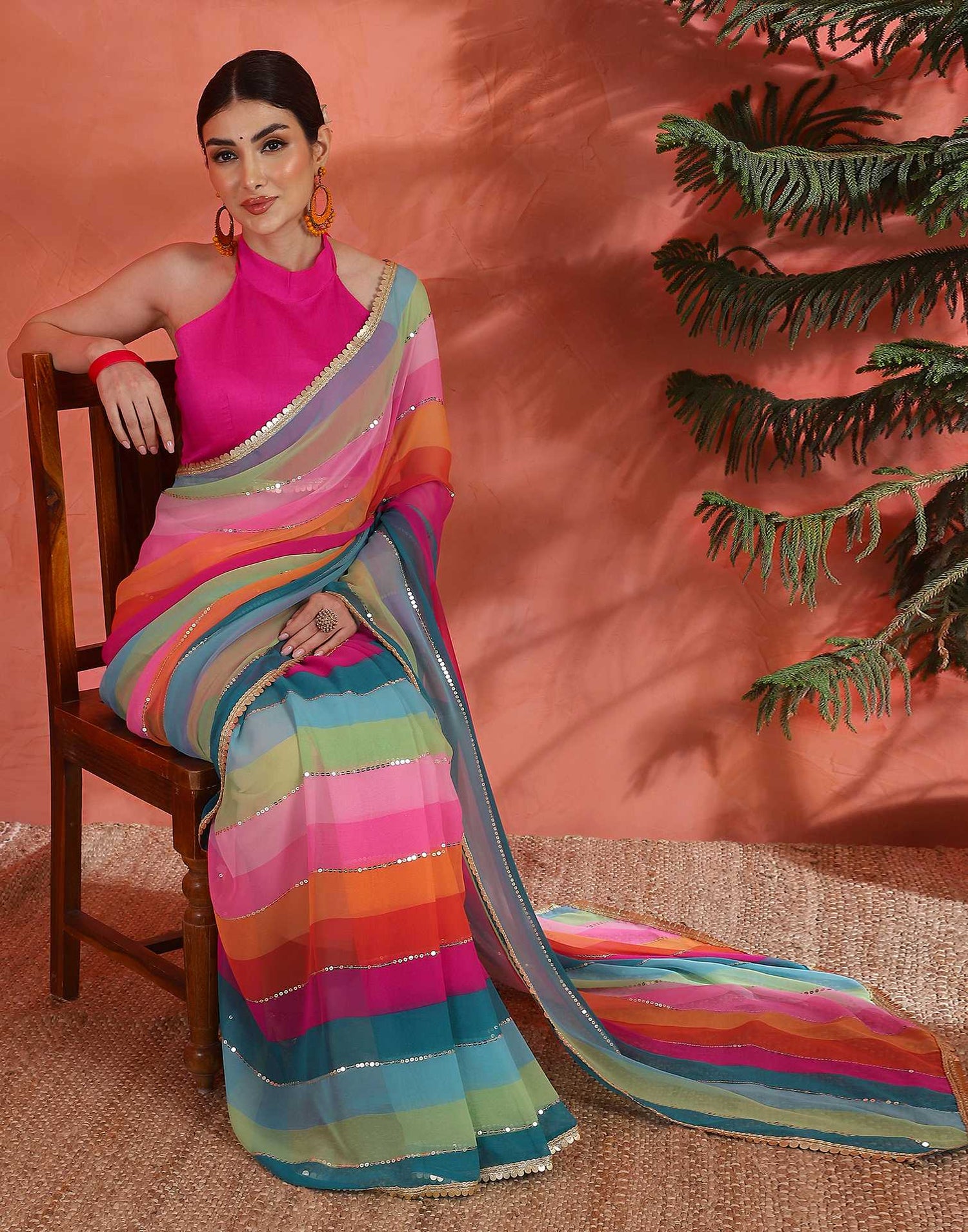 Multicoloured Georgette Printed Sequence Saree