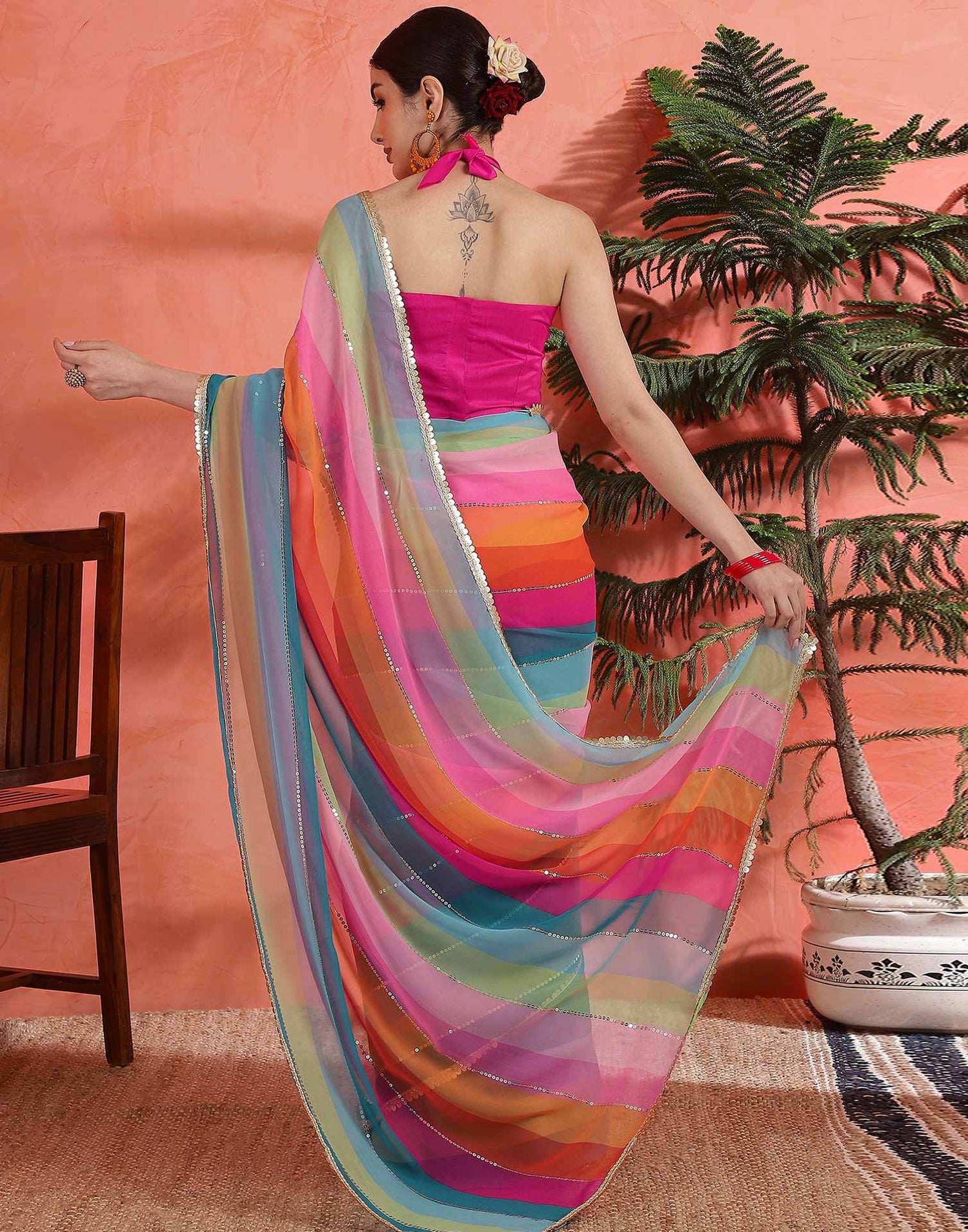 Multicoloured Georgette Printed Sequence Saree