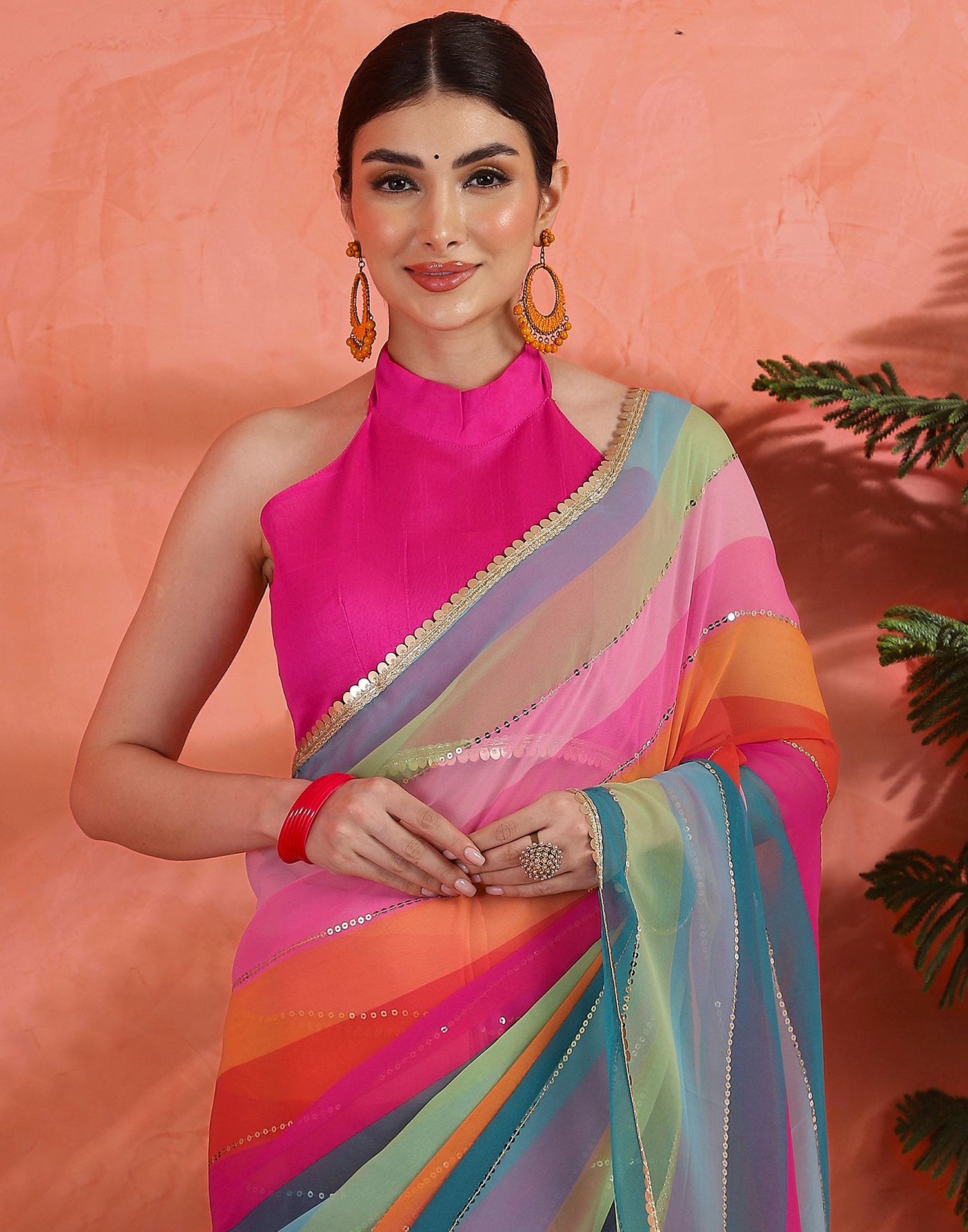 Multicoloured Georgette Printed Sequence Saree