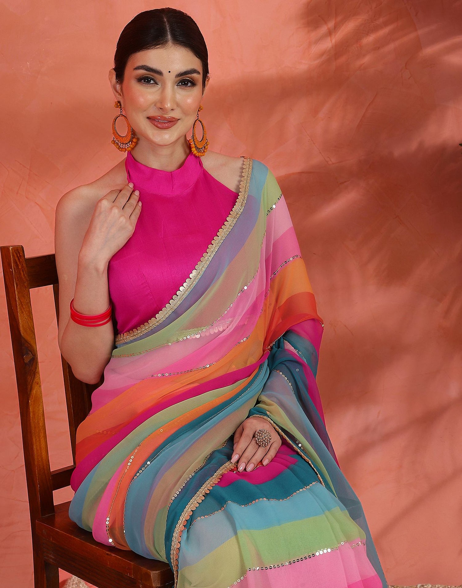 Multicoloured Georgette Printed Sequence Saree