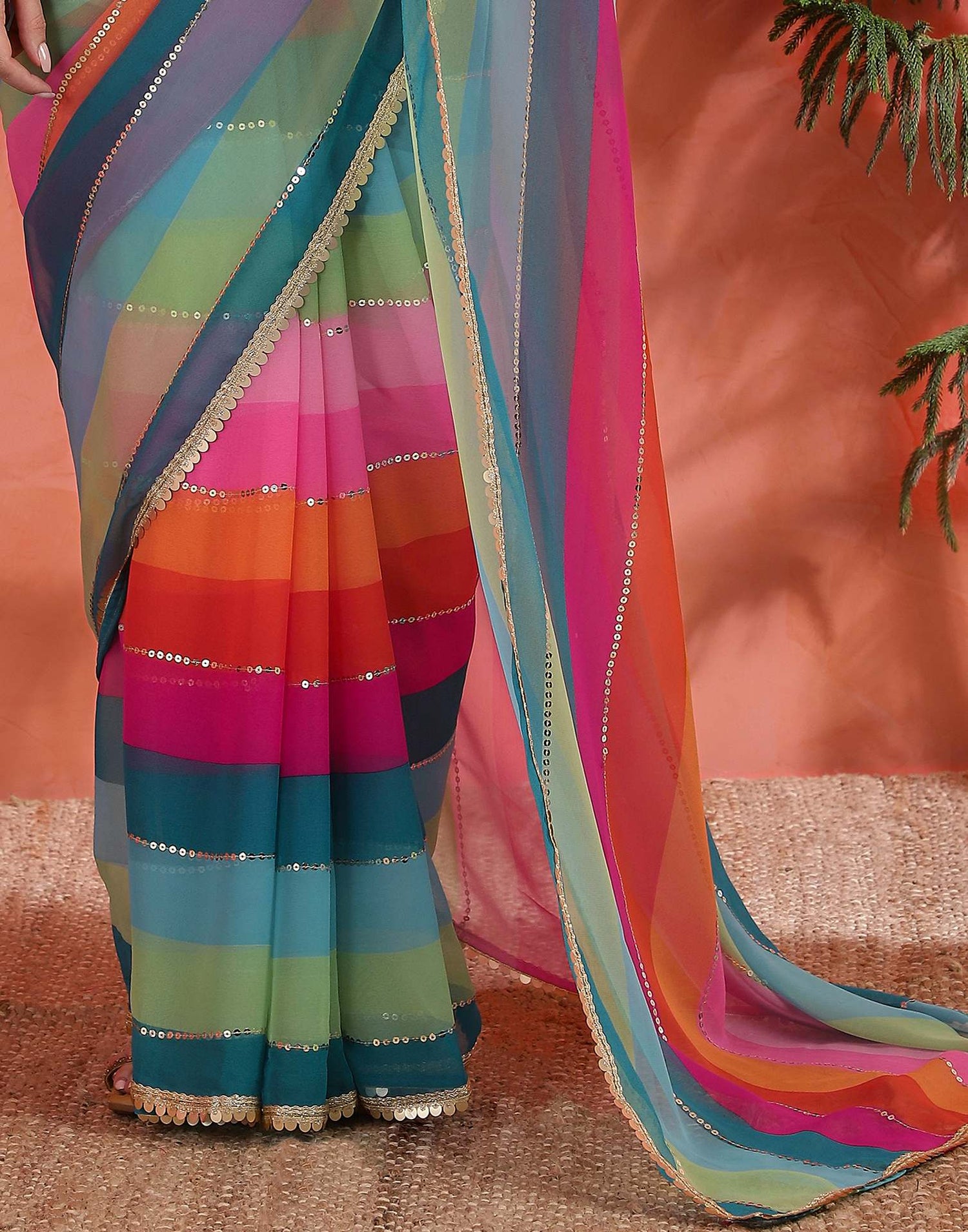 Multicoloured Georgette Printed Sequence Saree