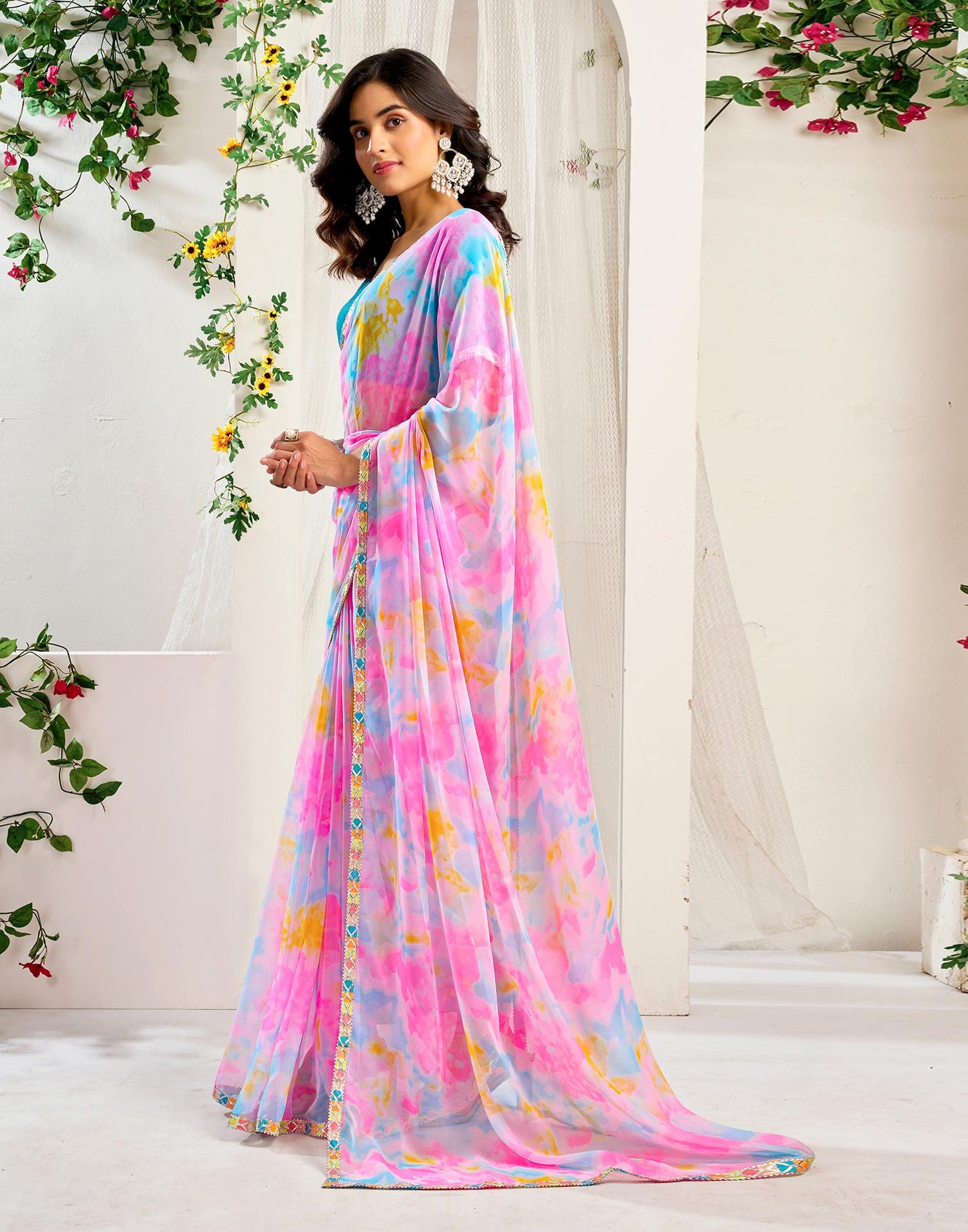 Pink Georgette Printed Saree