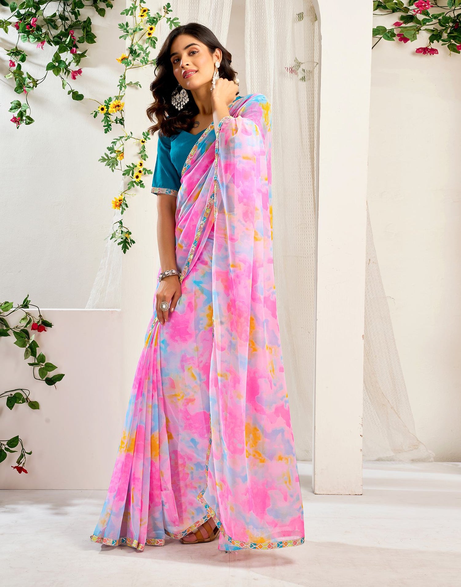 Pink Georgette Printed Saree