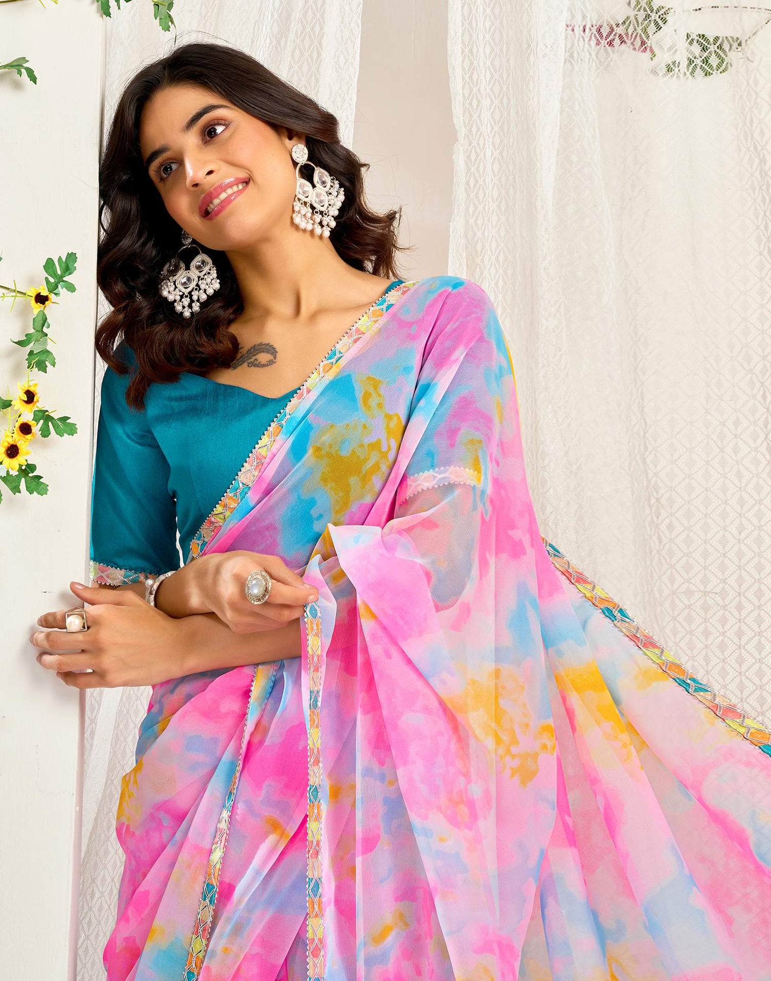 Pink Georgette Printed Saree