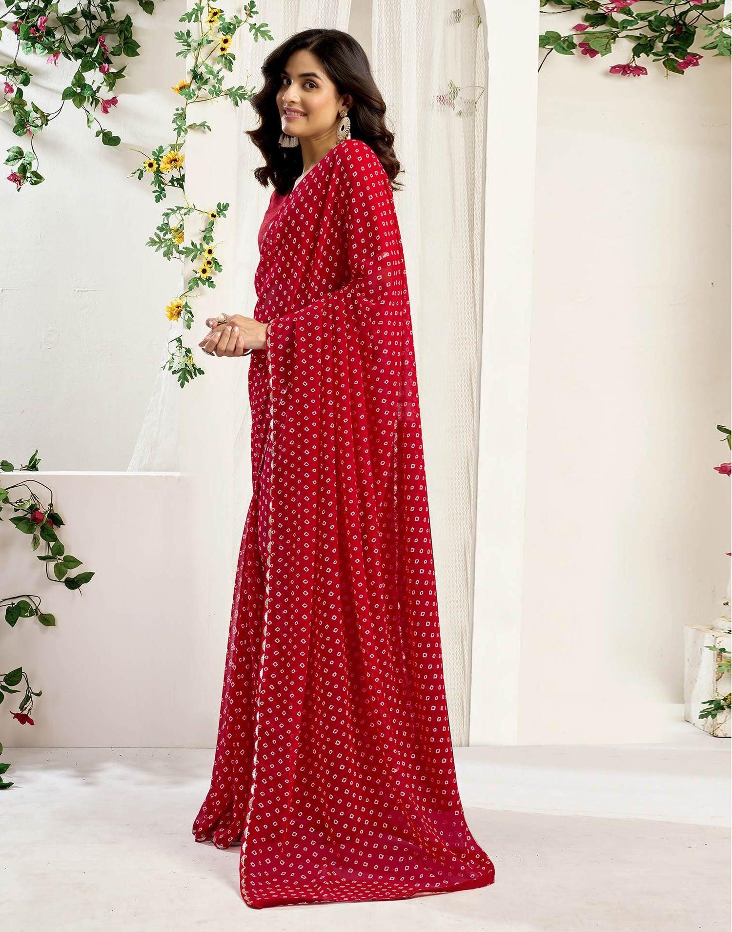 Red Georgette Printed Bandhani Saree