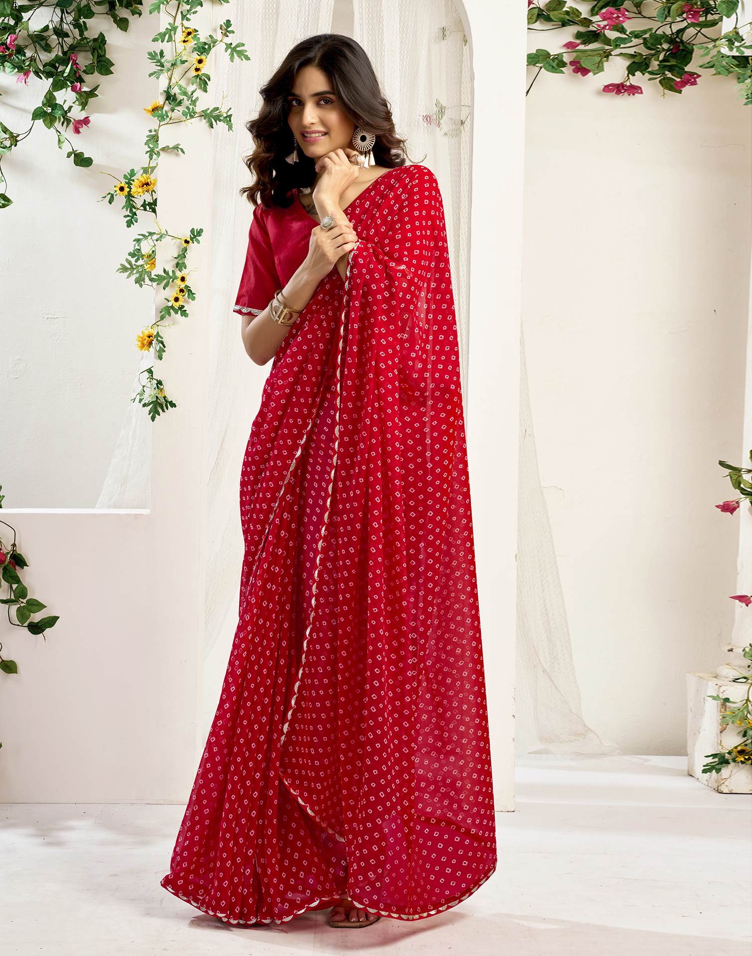 Red Georgette Printed Bandhani Saree