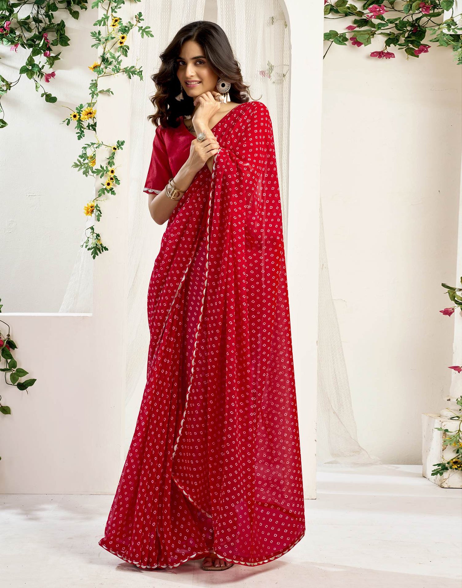 Red Georgette Printed Bandhani Saree
