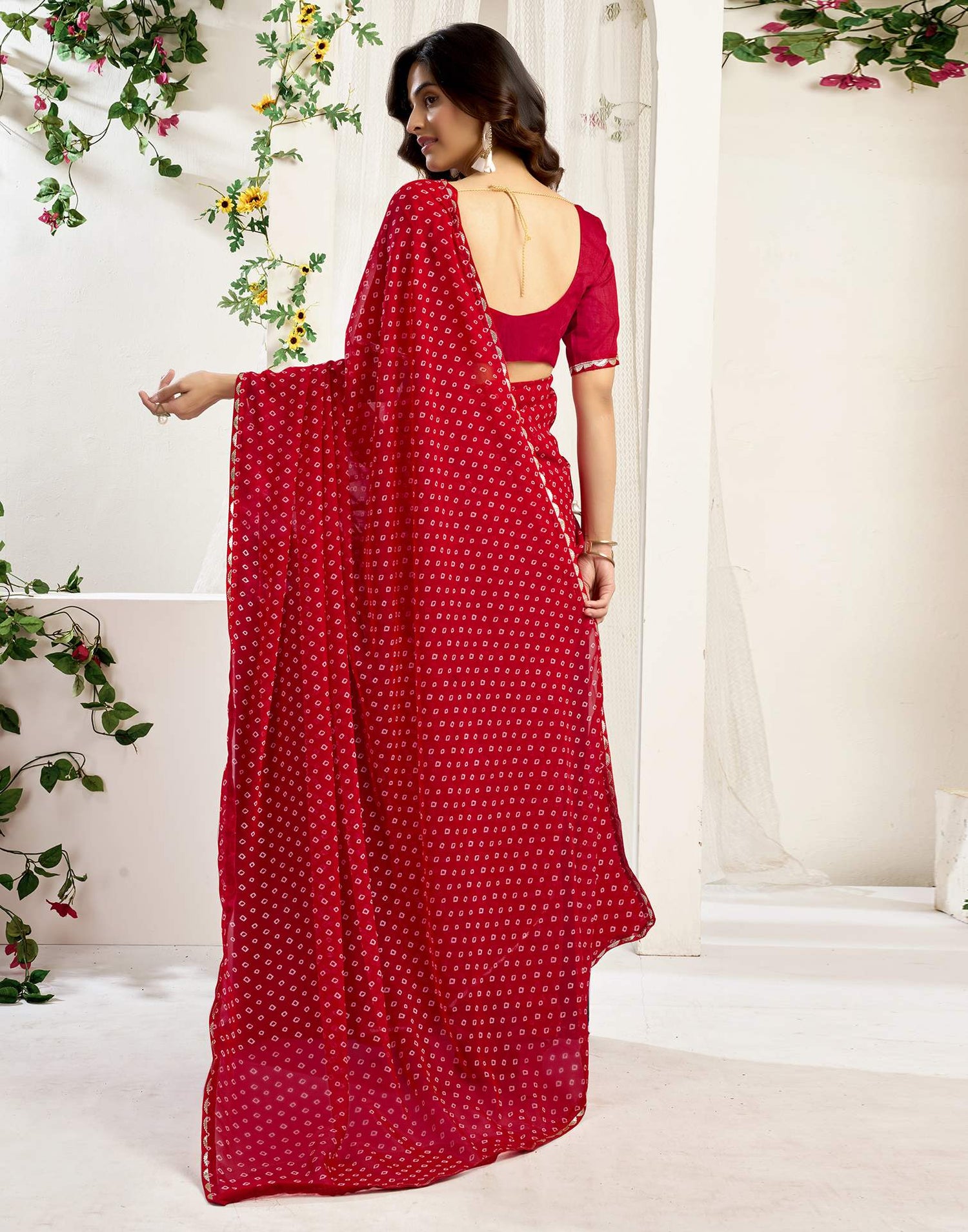 Red Georgette Printed Bandhani Saree