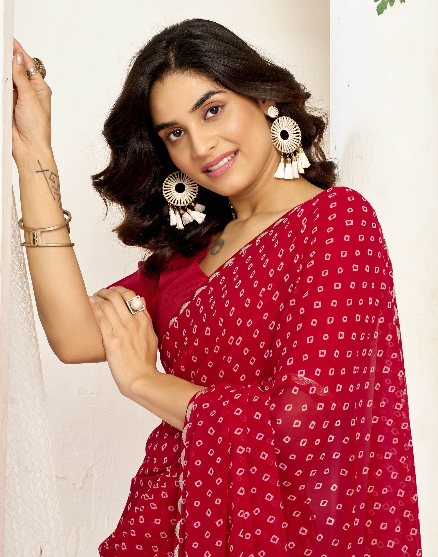 Red Georgette Printed Bandhani Saree