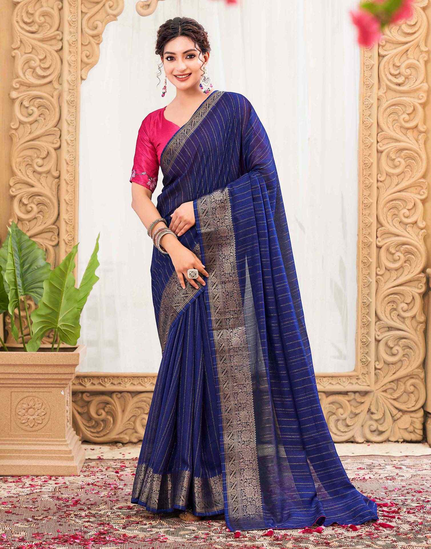Blue Silk Zari Stripe Woven Saree