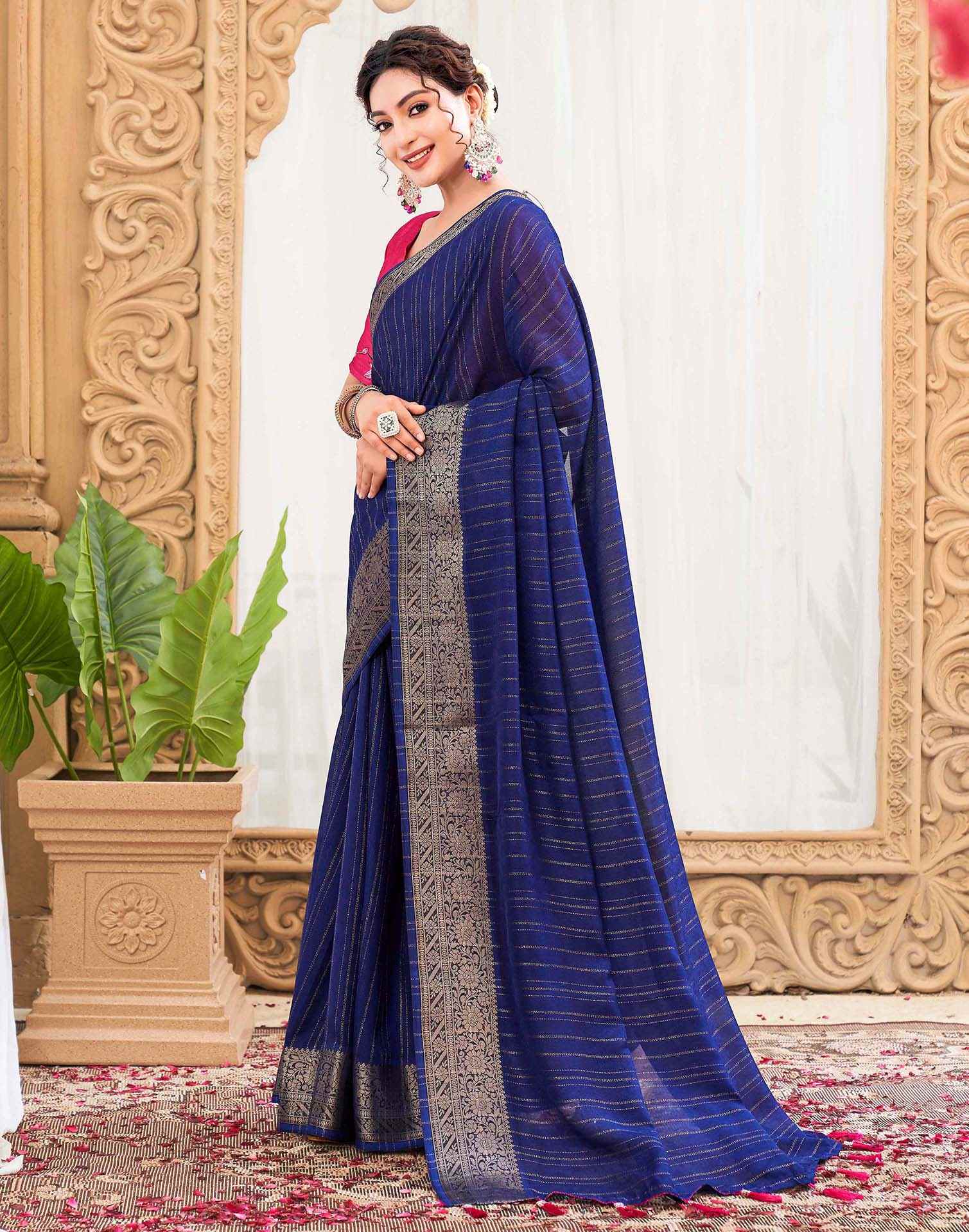 Blue Silk Zari Stripe Woven Saree