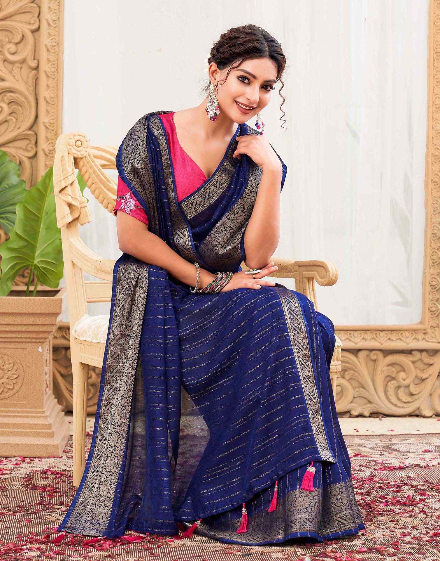 Blue Silk Zari Stripe Woven Saree