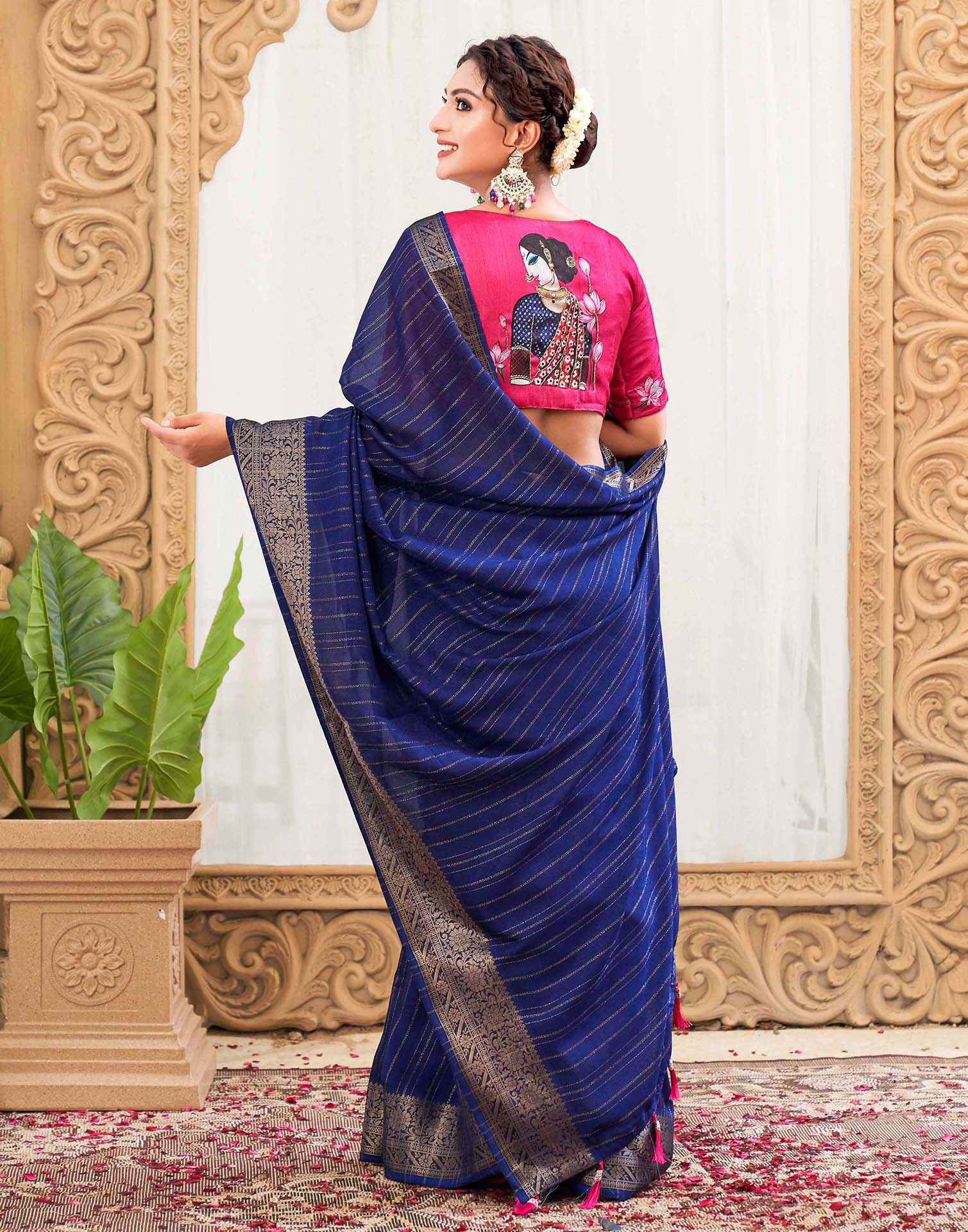 Blue Silk Zari Stripe Woven Saree