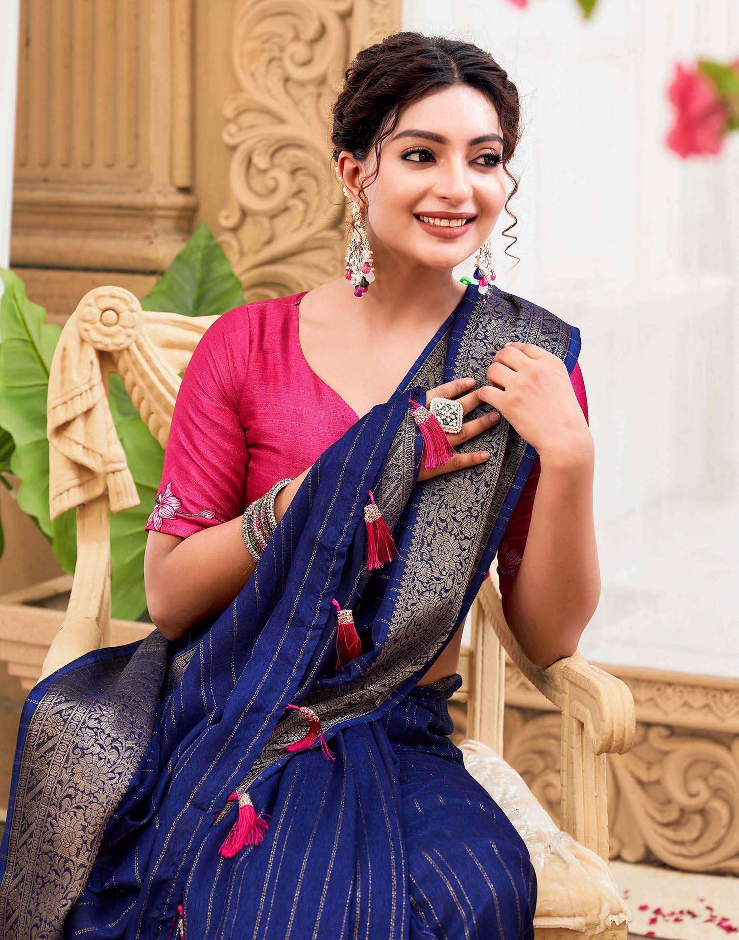 Blue Silk Zari Stripe Woven Saree